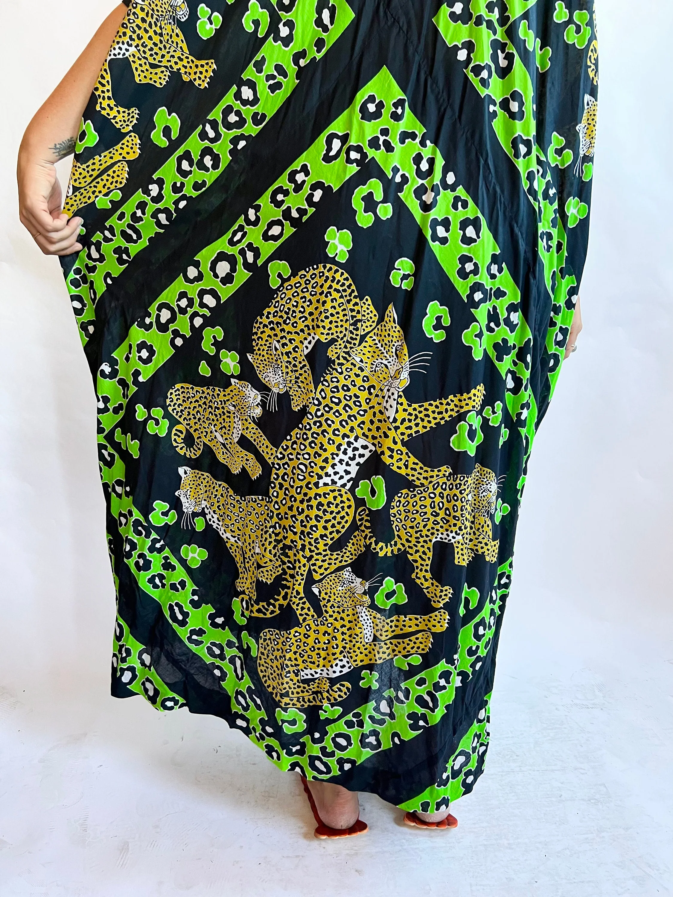 70s Black Cotton Cheetah Green Spot Psychedelic Kaftan Maxi Dress - Image 4