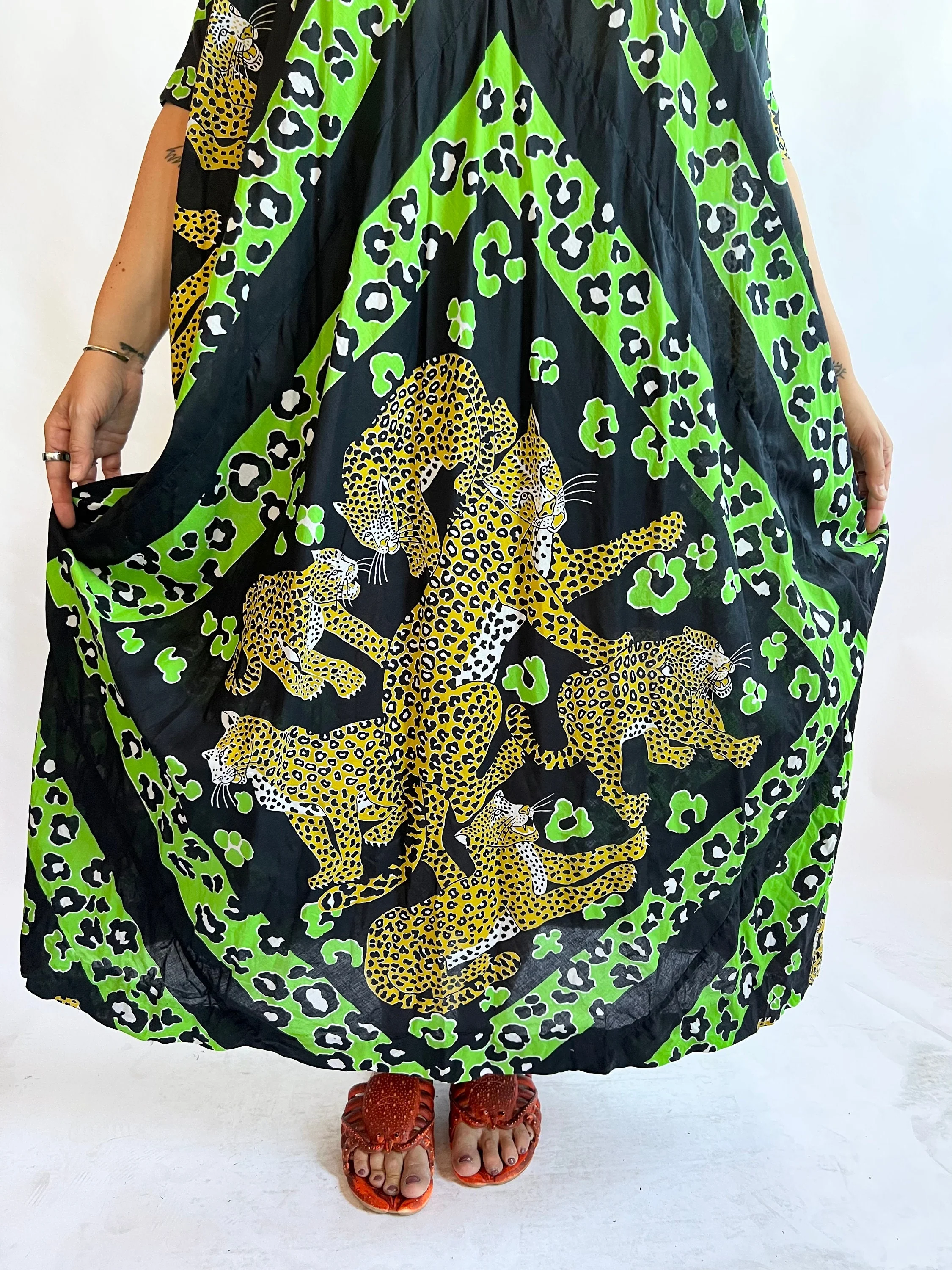 70s Black Cotton Cheetah Green Spot Psychedelic Kaftan Maxi Dress - Image 6