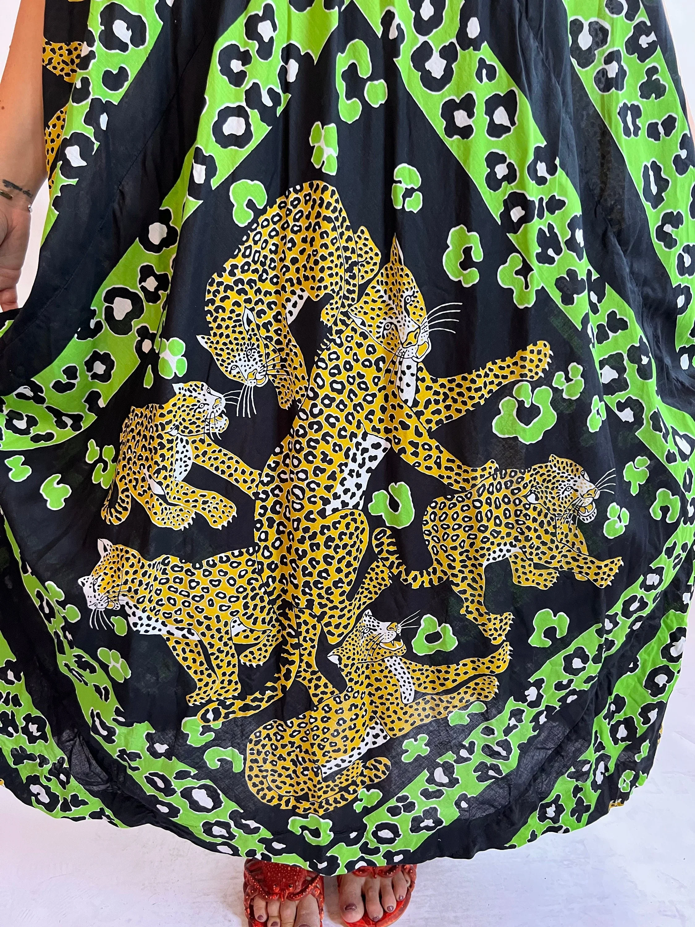 70s Black Cotton Cheetah Green Spot Psychedelic Kaftan Maxi Dress - Image 7