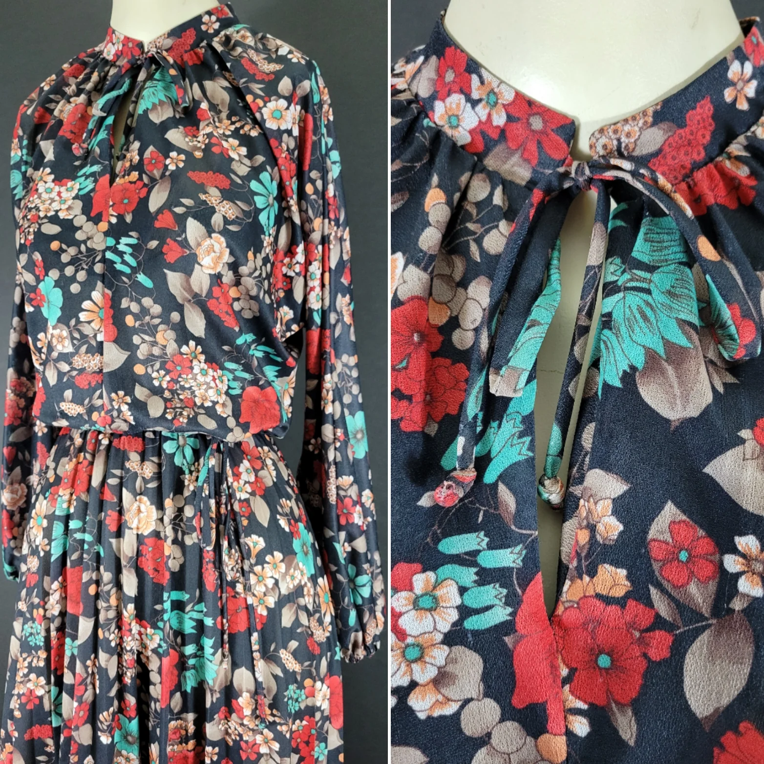 70s Black Floral Long Sleeve Keyhole Pleated Dress - Image 4