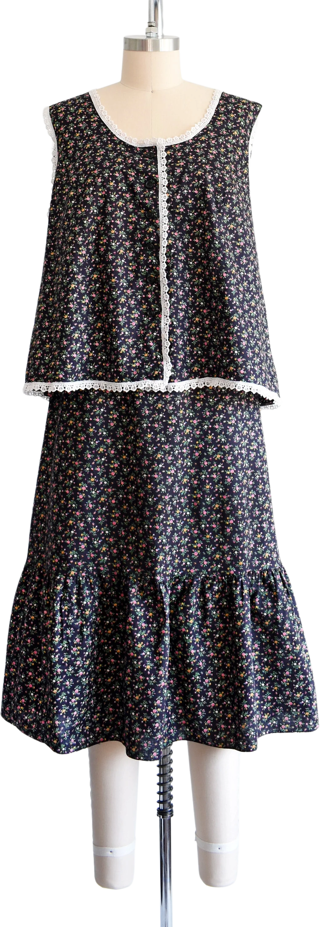 70s Black Floral Two Piece Set Vintage 70s Blouse and Skirt Calico Flower Print Dress Set, 2x by Lane Bryant