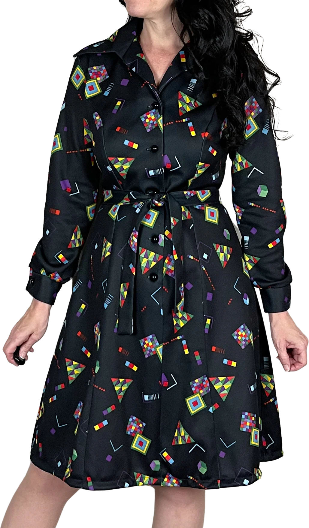 70s Black Geometric Print Long Sleeve Mini Shirt Dress By Sears Fashions
