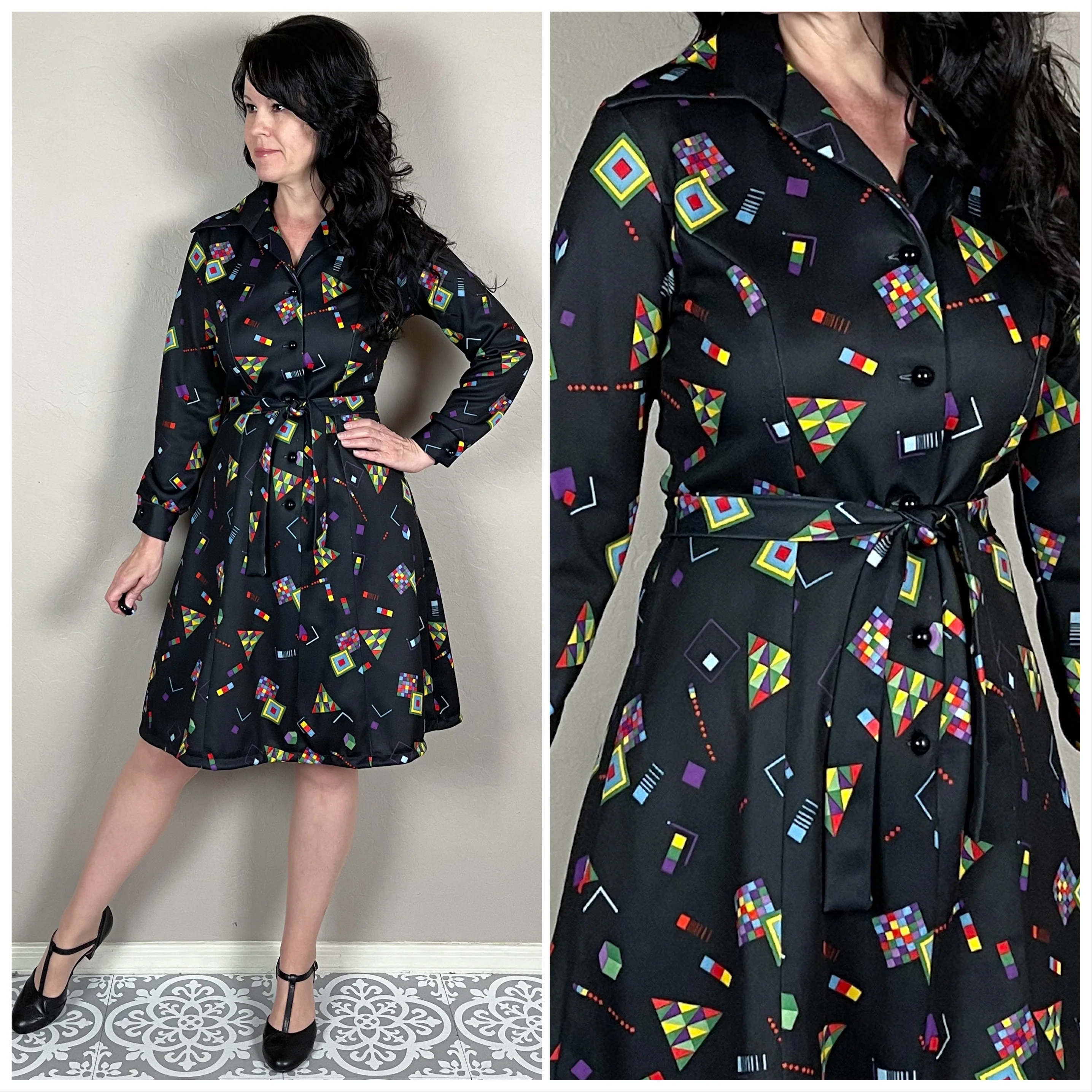 70s Black Geometric Print Long Sleeve Mini Shirt Dress By Sears Fashions - Image 2