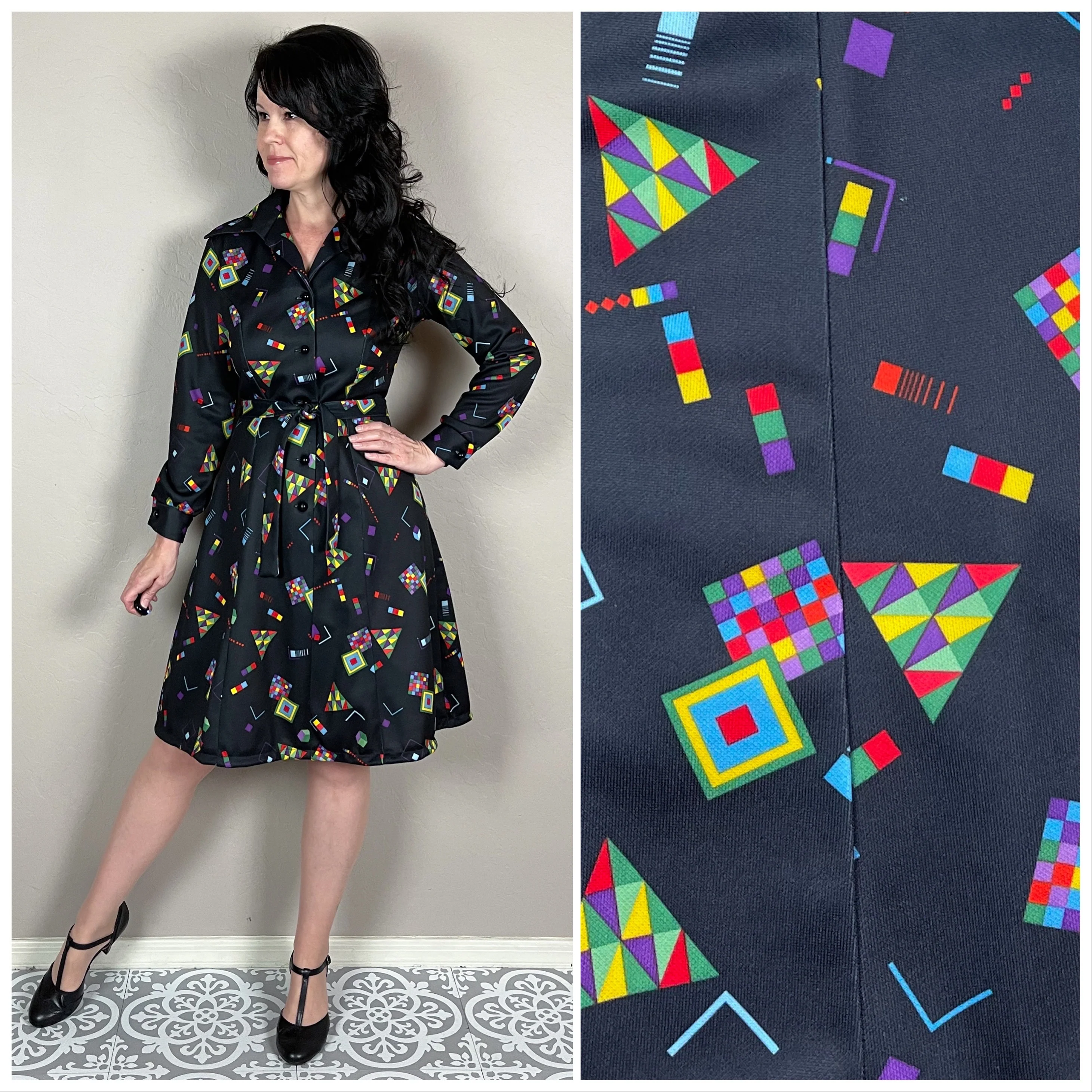 70s Black Geometric Print Long Sleeve Mini Shirt Dress By Sears Fashions - Image 5