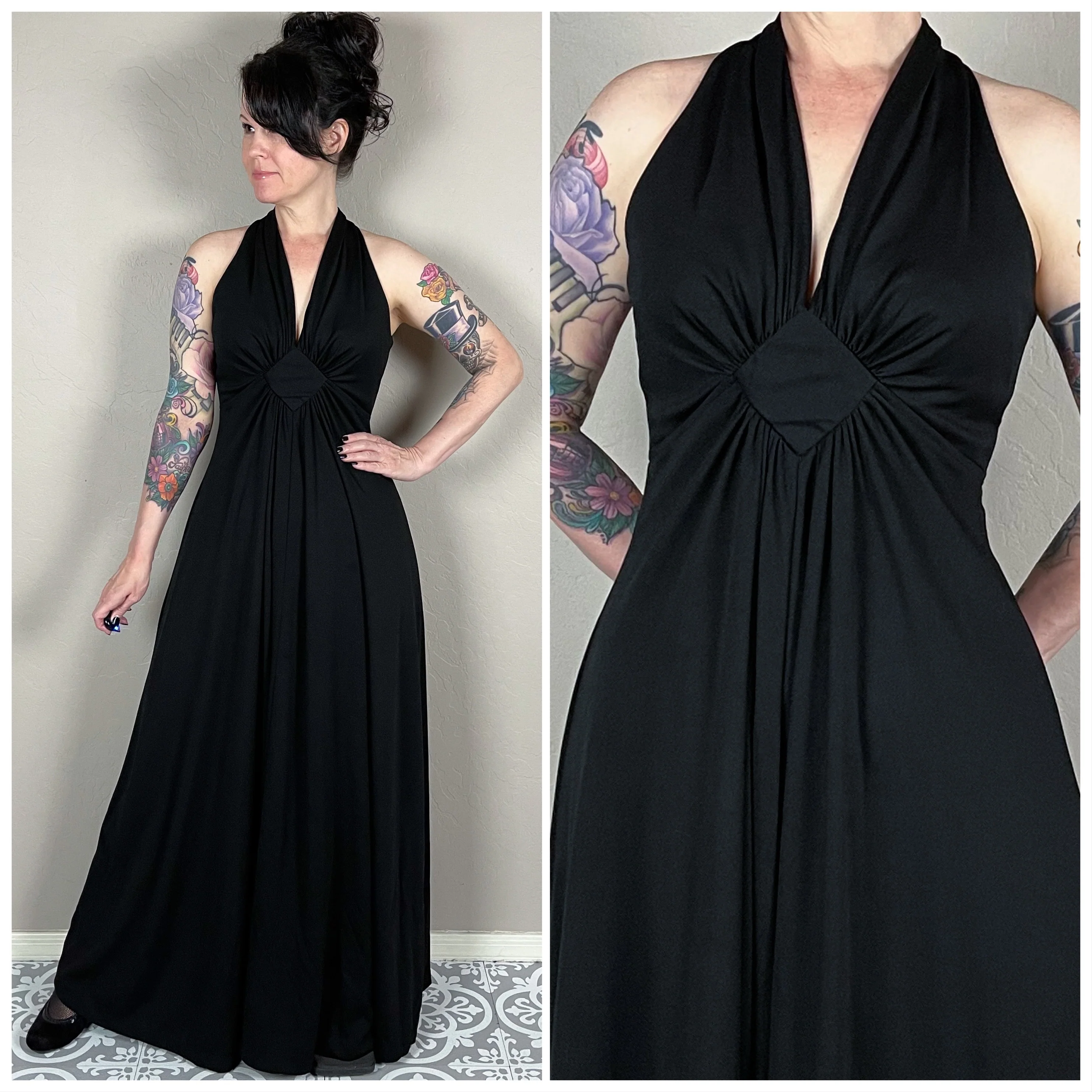 70s Black Halter Neck A-line Maxi Dress - Image 2