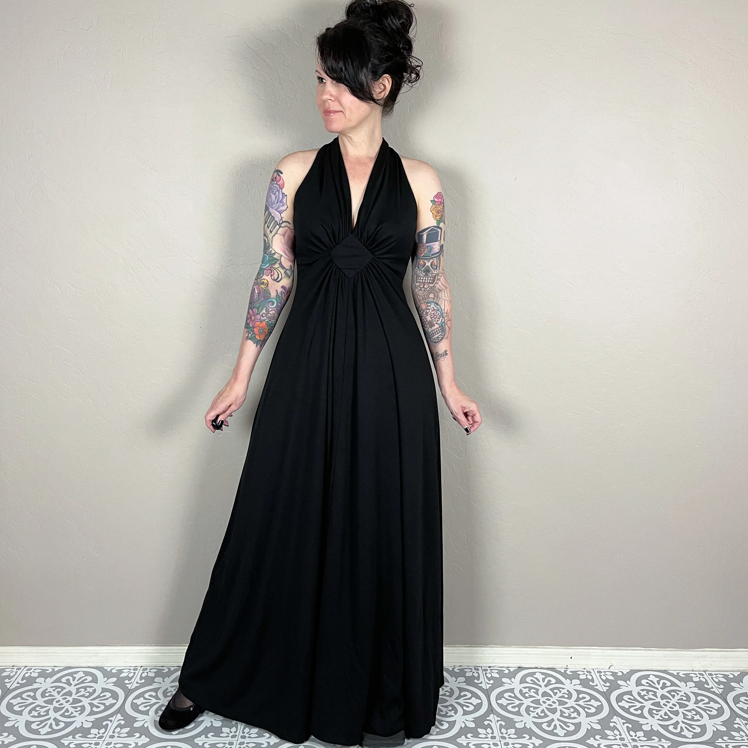 70s Black Halter Neck A-line Maxi Dress - Image 5