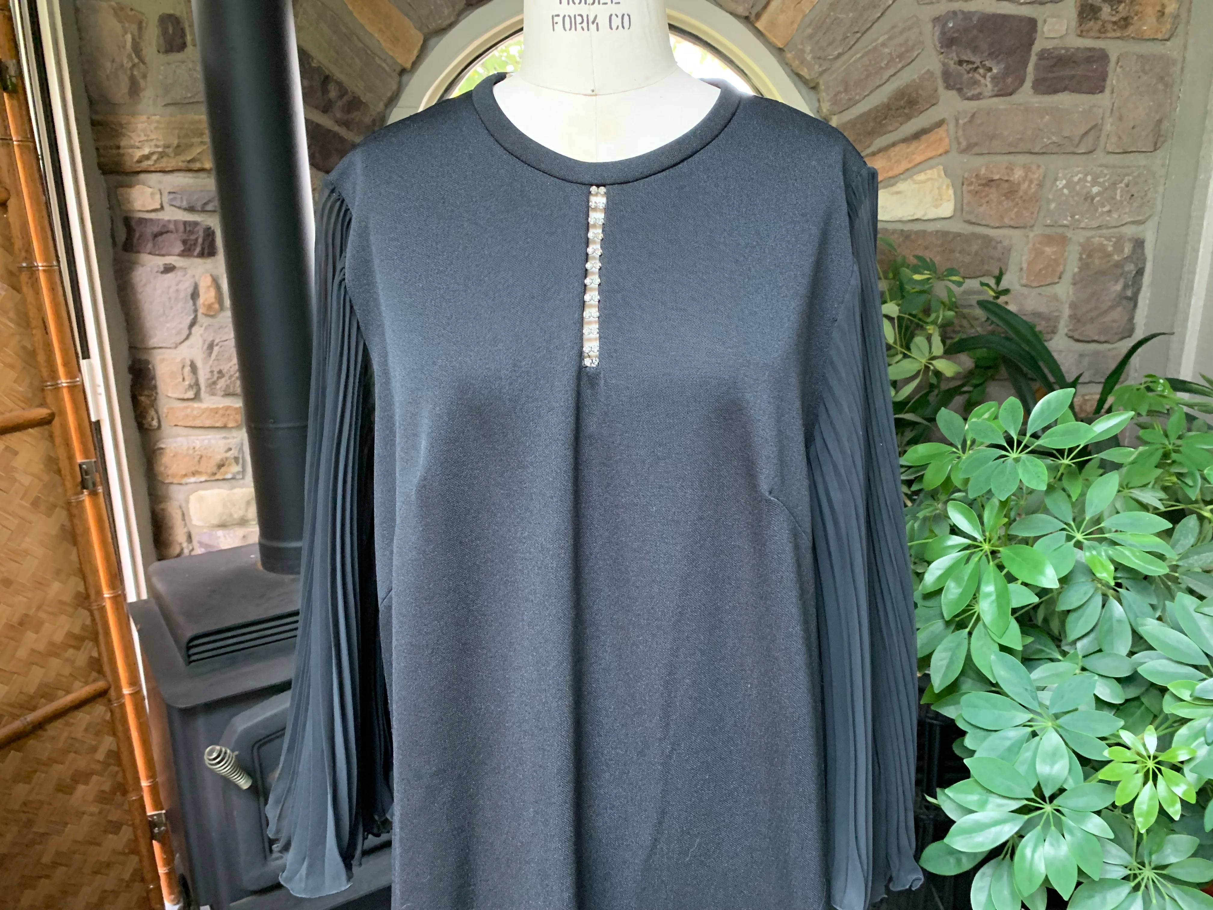 70s Black Knit Rhinestone Maxi Dress Sheer Sleeves By Leslie Pomer - Image 3