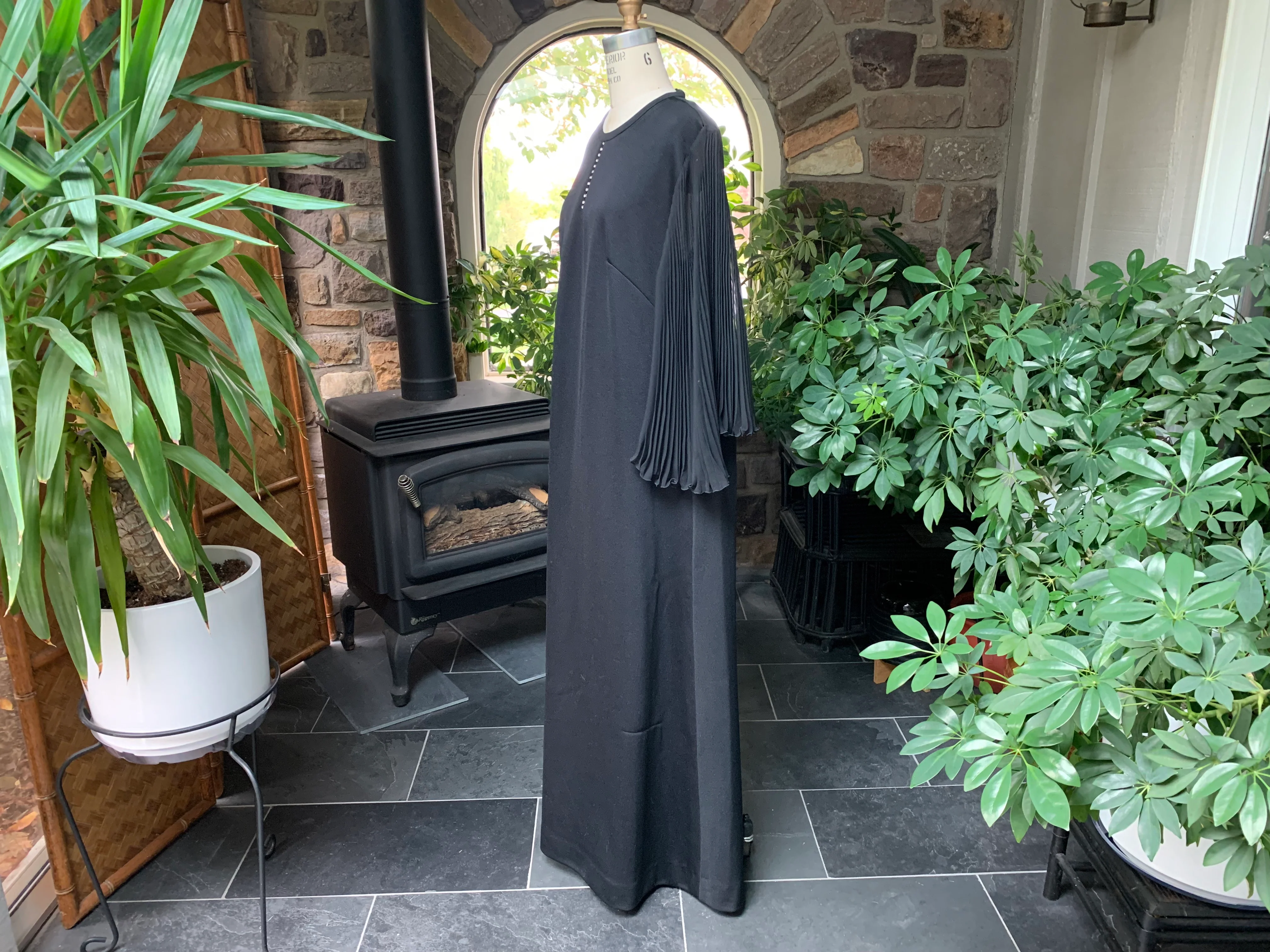 70s Black Knit Rhinestone Maxi Dress Sheer Sleeves By Leslie Pomer - Image 4
