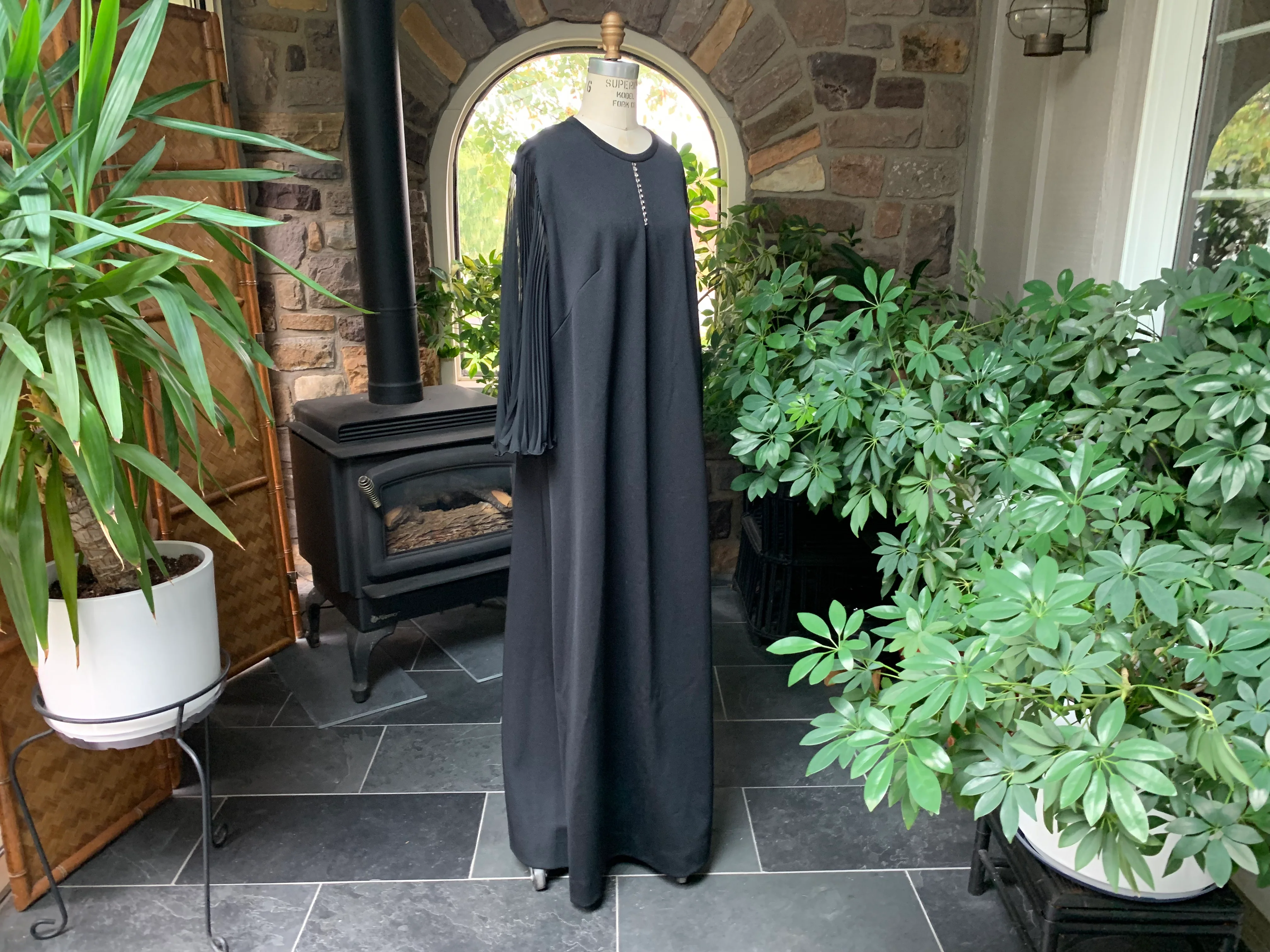 70s Black Knit Rhinestone Maxi Dress Sheer Sleeves By Leslie Pomer - Image 8