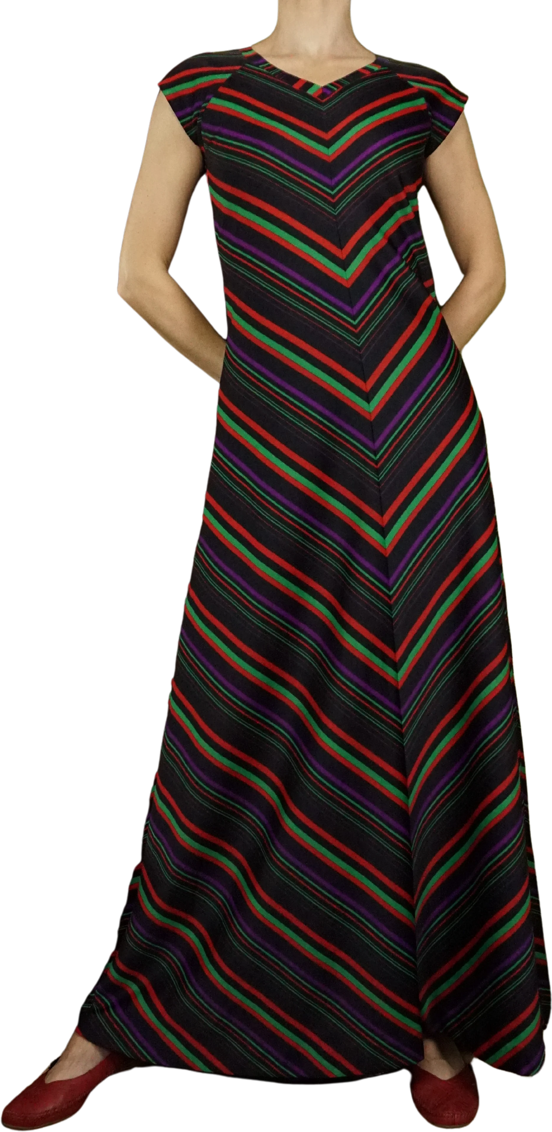 70s Black Multi Chevron Stripe Maxi Dress