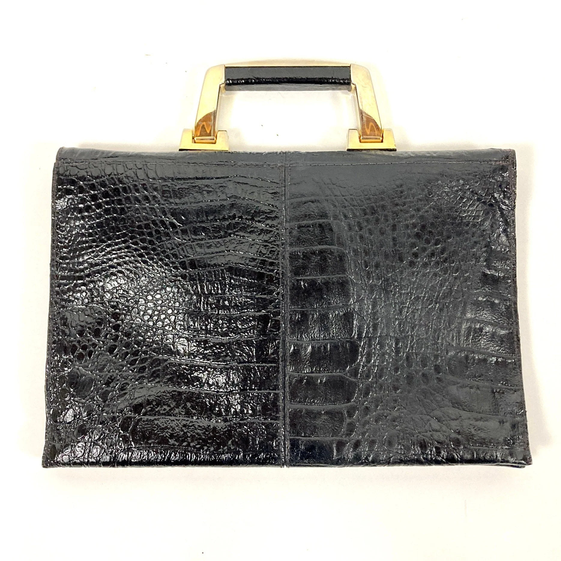 70s Black Patent Leather Handbag Large Pebbled Reptile Envelope Gold Bag Hand Held Bag Clutch Bag Purse - Image 8