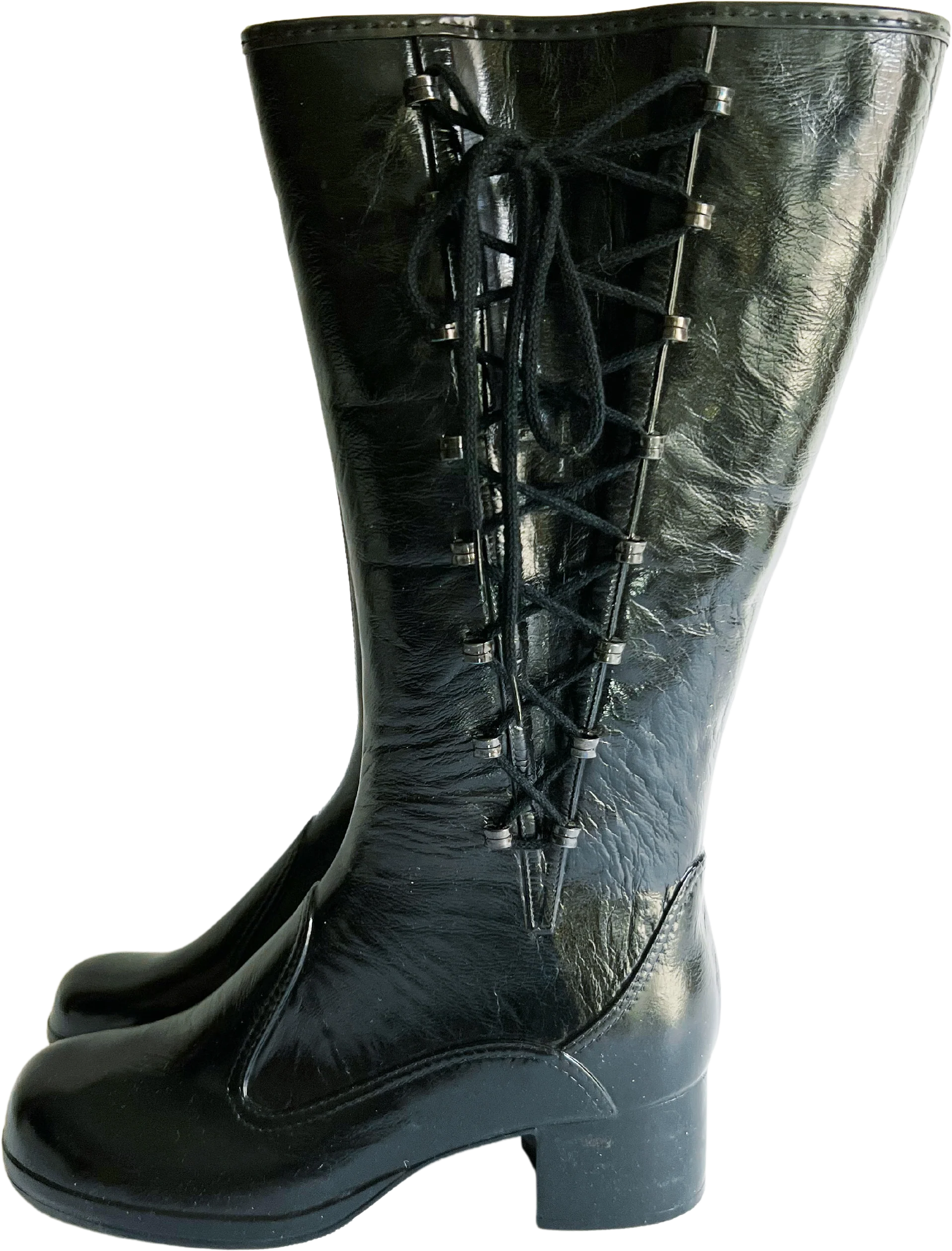 70s Black Patent Vinyl Lace Up Knee High Boots