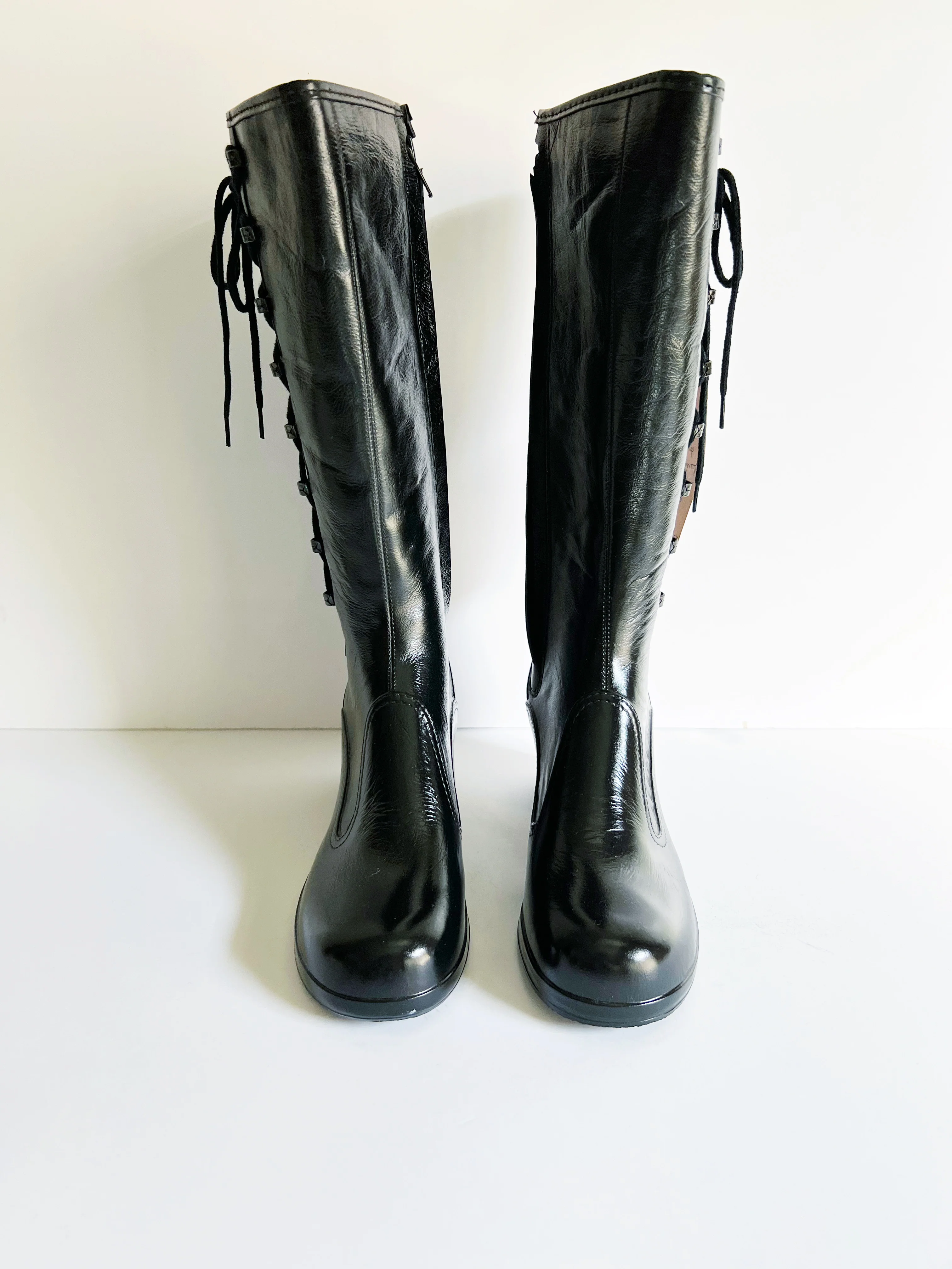 70s Black Patent Vinyl Lace Up Knee High Boots - Image 3