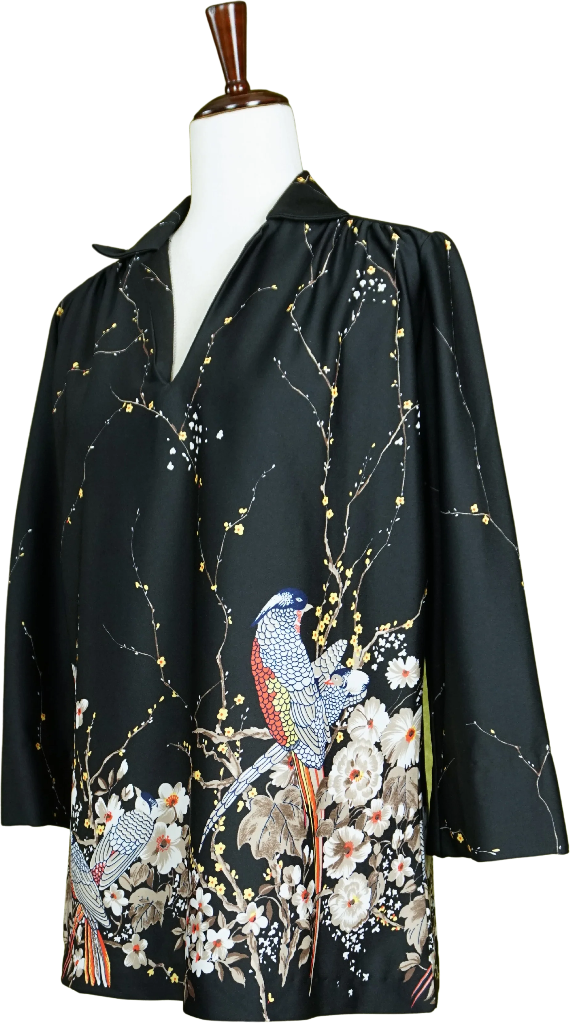 70s Black Pheasant Print Collared V-neck Blouse By Teddi of California