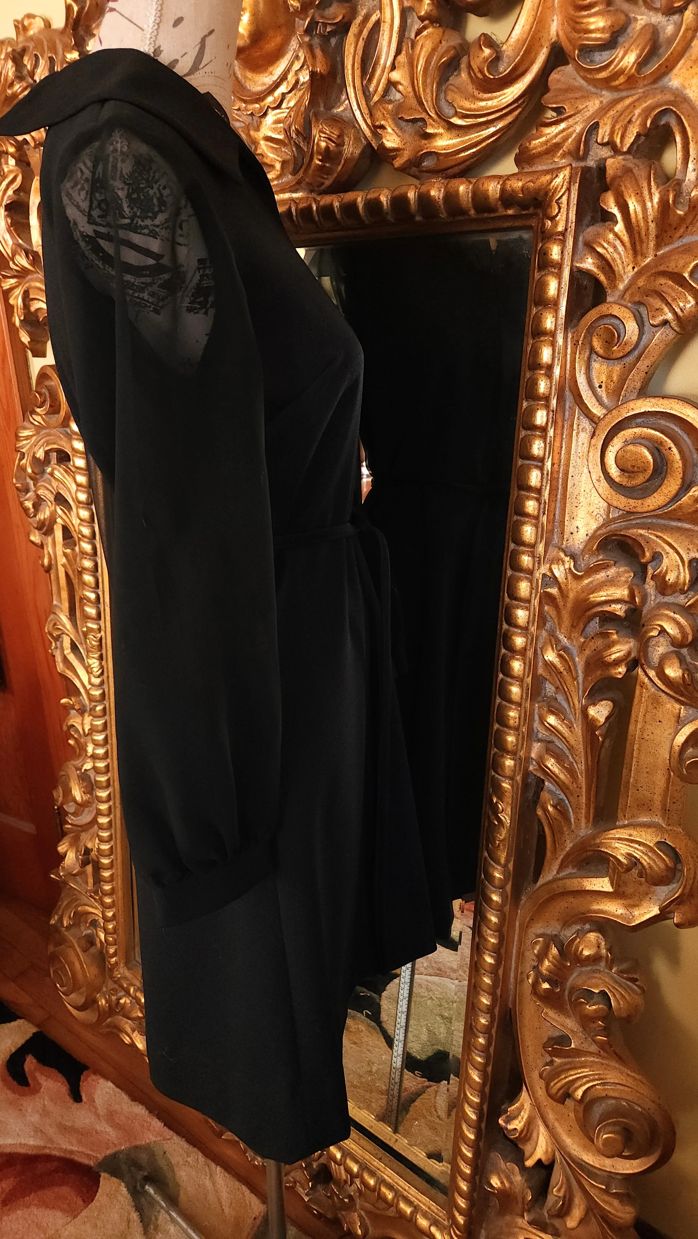 70s Black Polyester Dress With Sheer Sleeves - Image 3