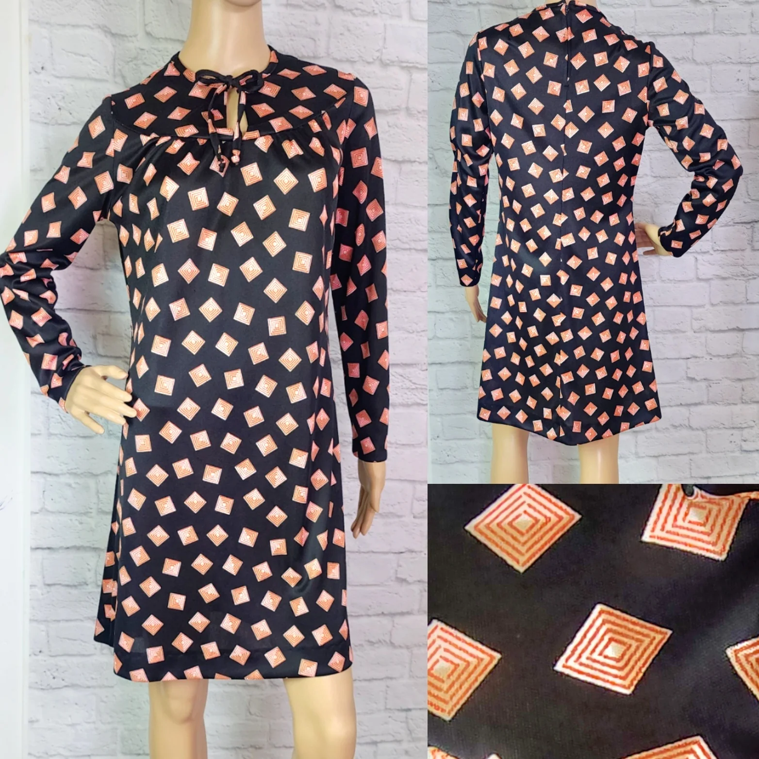 70s Black Red Squares Print Shift Dress Keyhole Neck - Image 3