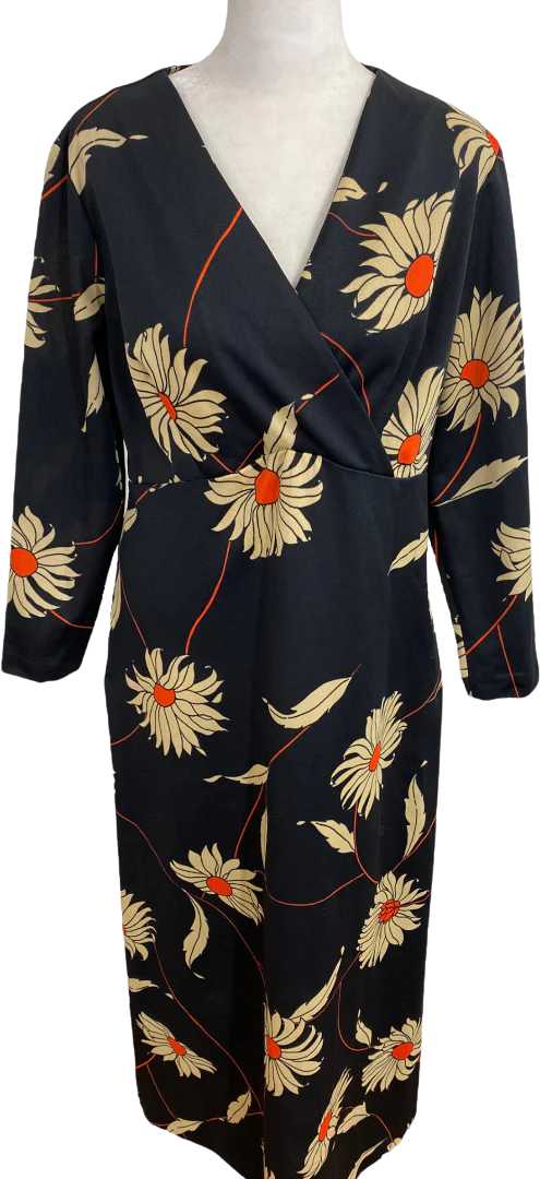 70s Black Red Tan Floral V-neck Wrap Top Maxi Dress