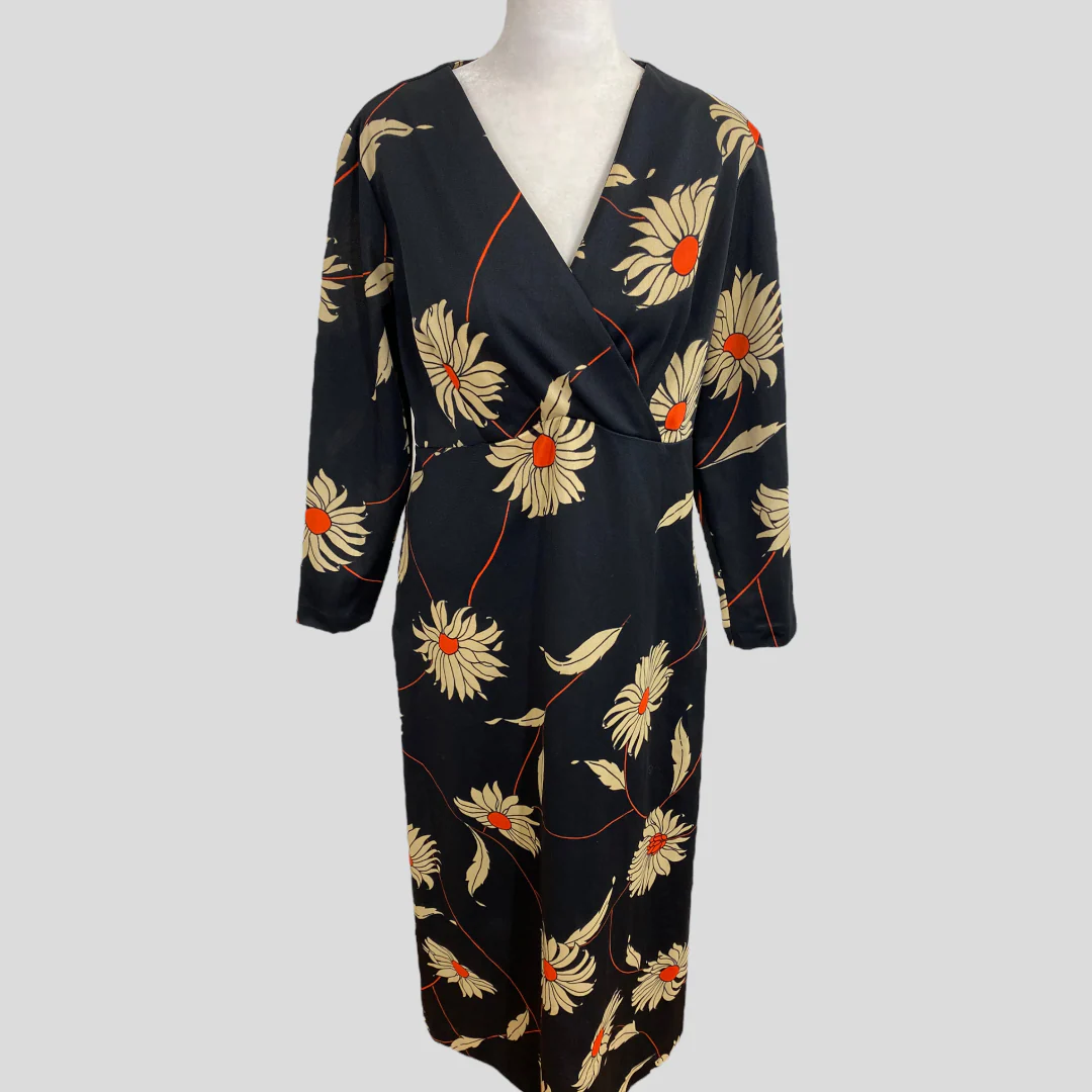 70s Black Red Tan Floral V-neck Wrap Top Maxi Dress - Image 6
