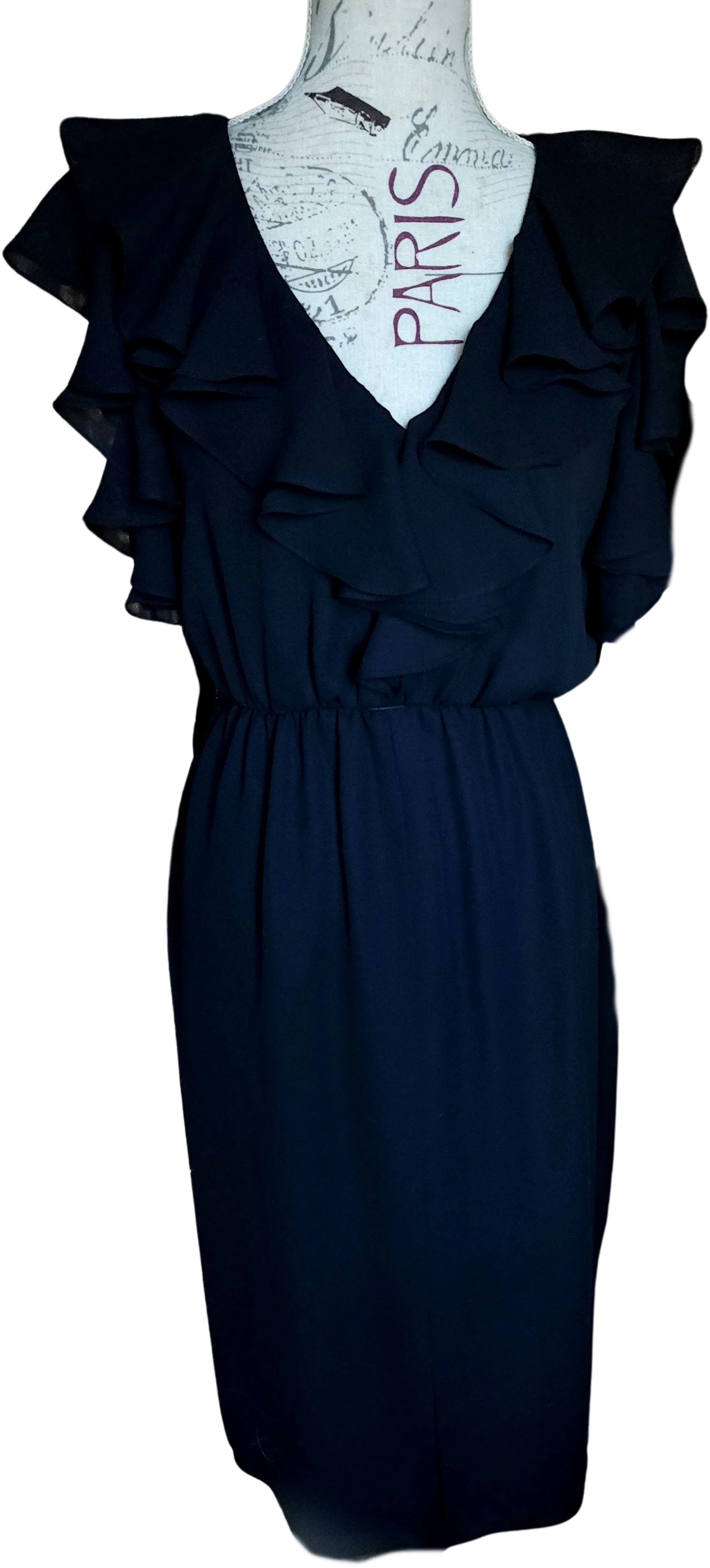 70s Black Ruffled Chiffon Disco Dress By The Gilberts for Tally