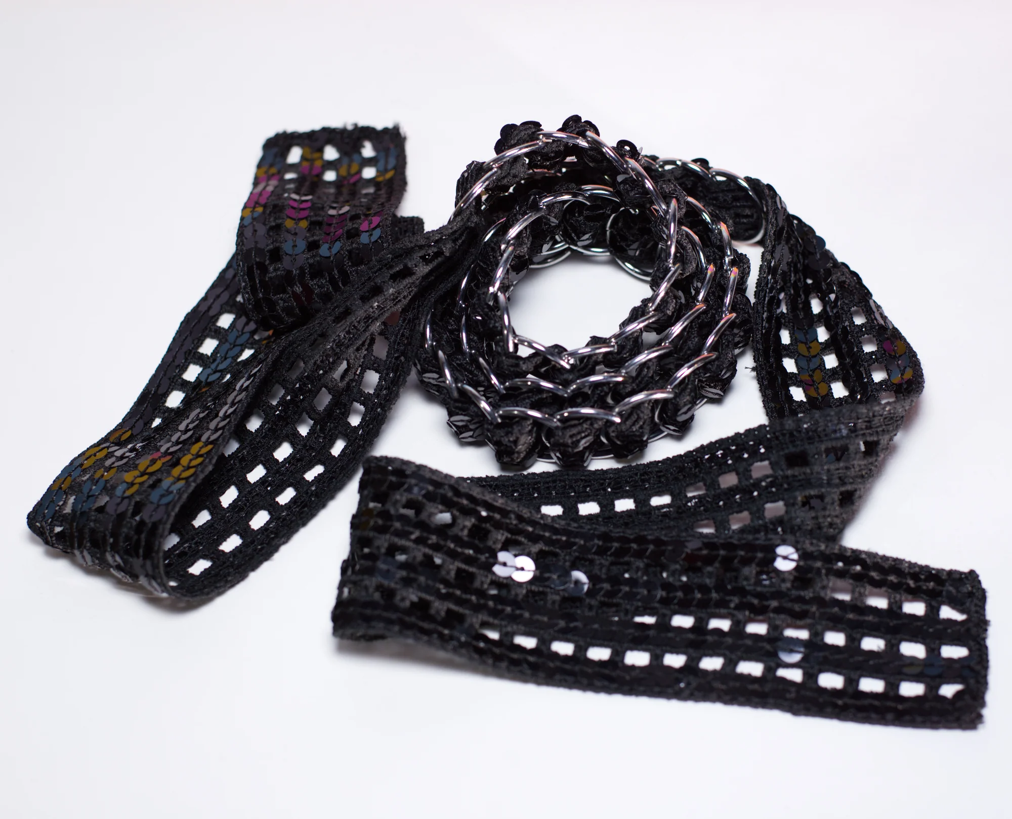 70s Black Sequined Tie Belt - Image 2