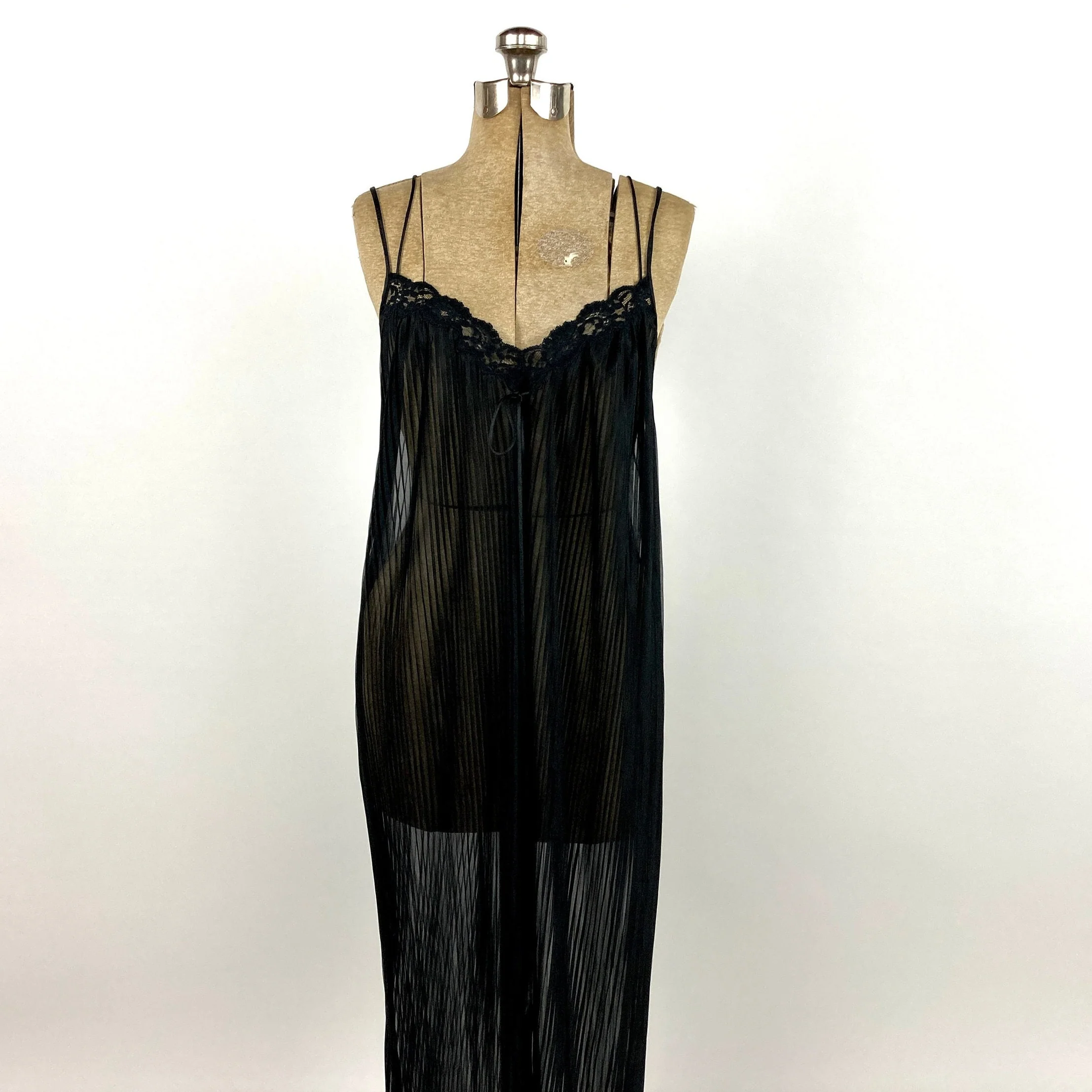 70s Black Sheer Long Grecian Dress V-Neck Goddess Knife Pleat Ethereal Maxi Dress Open Back Party Vintage Slip Dress Negligee Nightgown by Kayser - Image 2