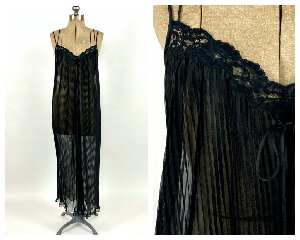 70s Black Sheer Long Grecian Dress V-Neck Goddess Knife Pleat Ethereal Maxi Dress Open Back Party Vintage Slip Dress Negligee Nightgown by Kayser - Image 3