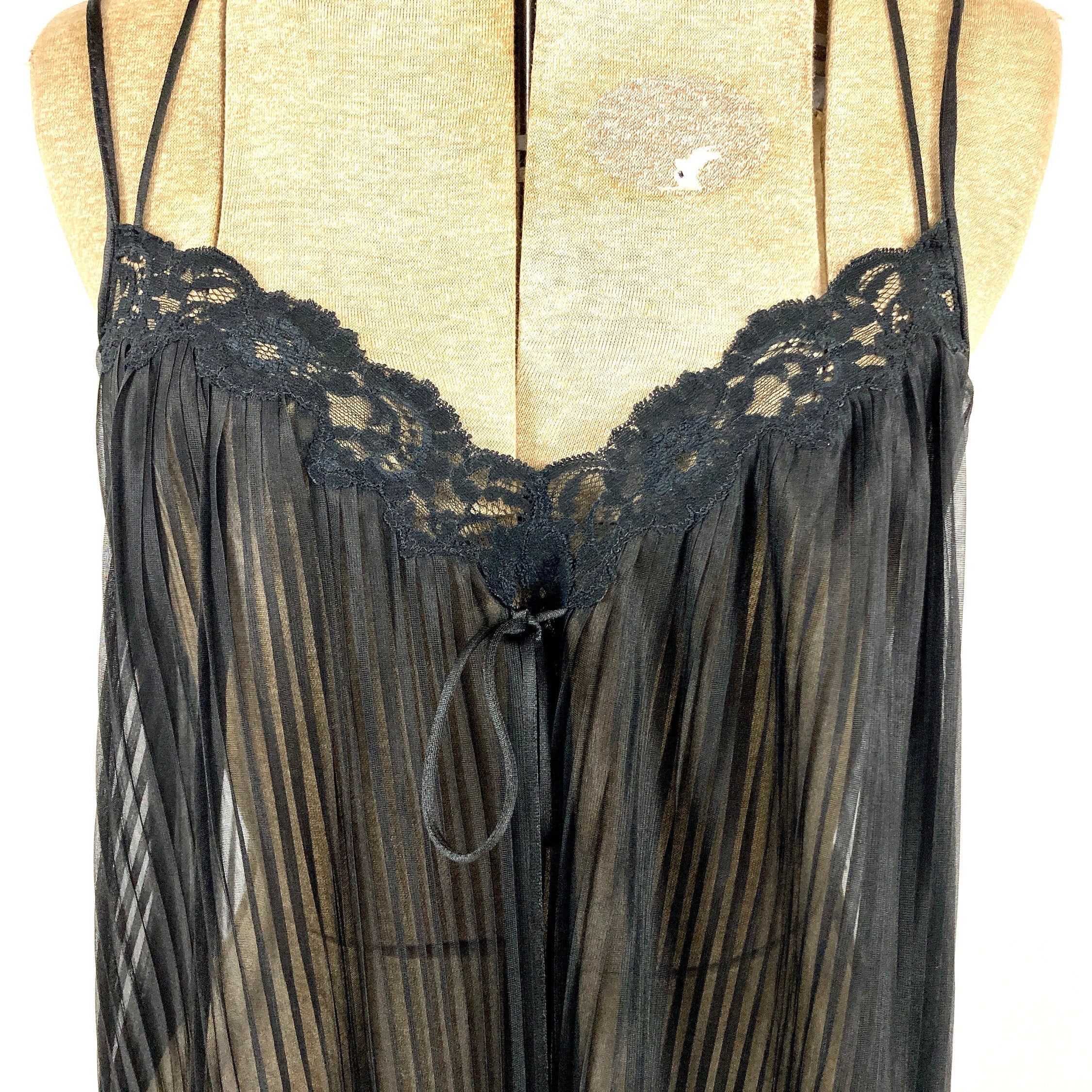 70s Black Sheer Long Grecian Dress V-Neck Goddess Knife Pleat Ethereal Maxi Dress Open Back Party Vintage Slip Dress Negligee Nightgown by Kayser - Image 4