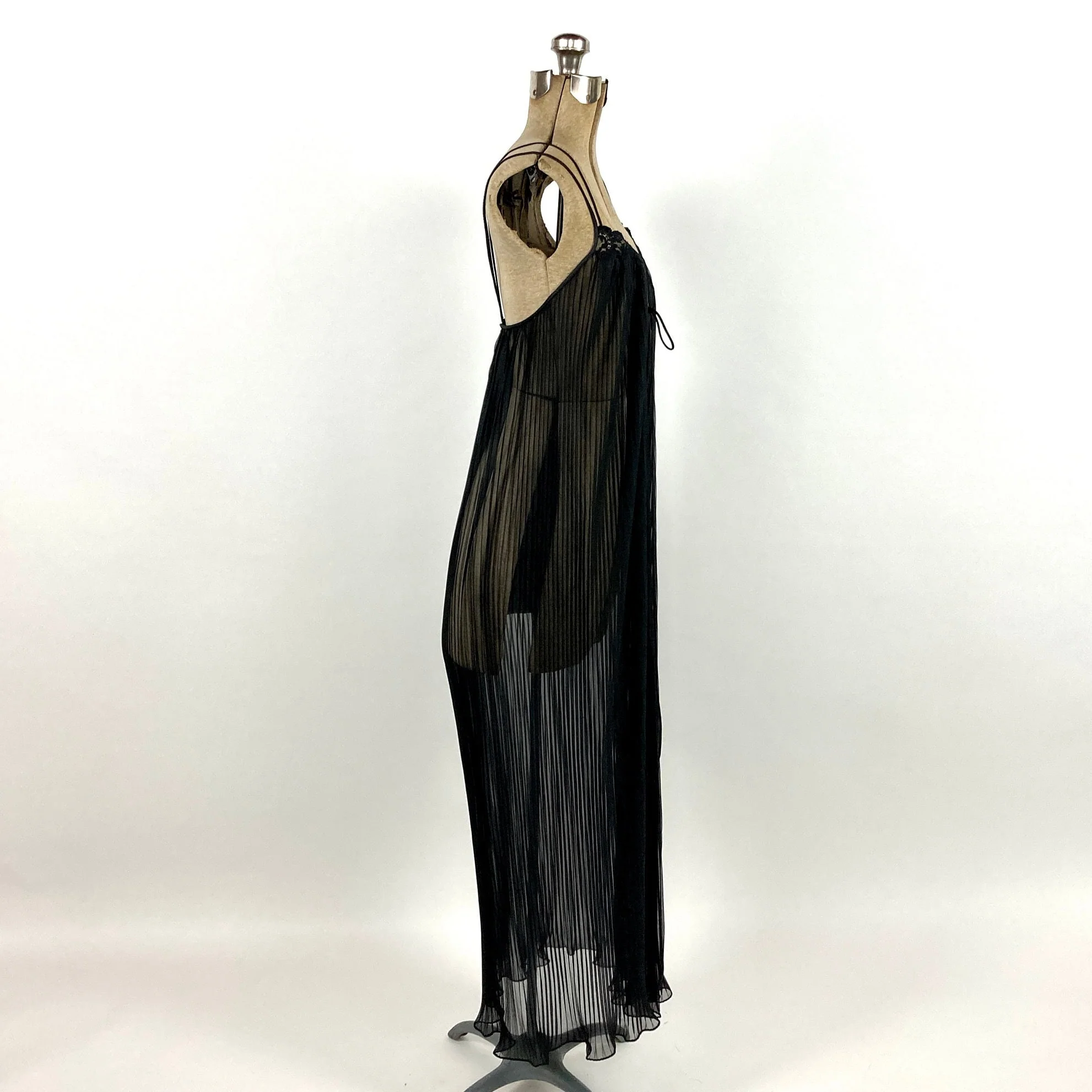 70s Black Sheer Long Grecian Dress V-Neck Goddess Knife Pleat Ethereal Maxi Dress Open Back Party Vintage Slip Dress Negligee Nightgown by Kayser - Image 5