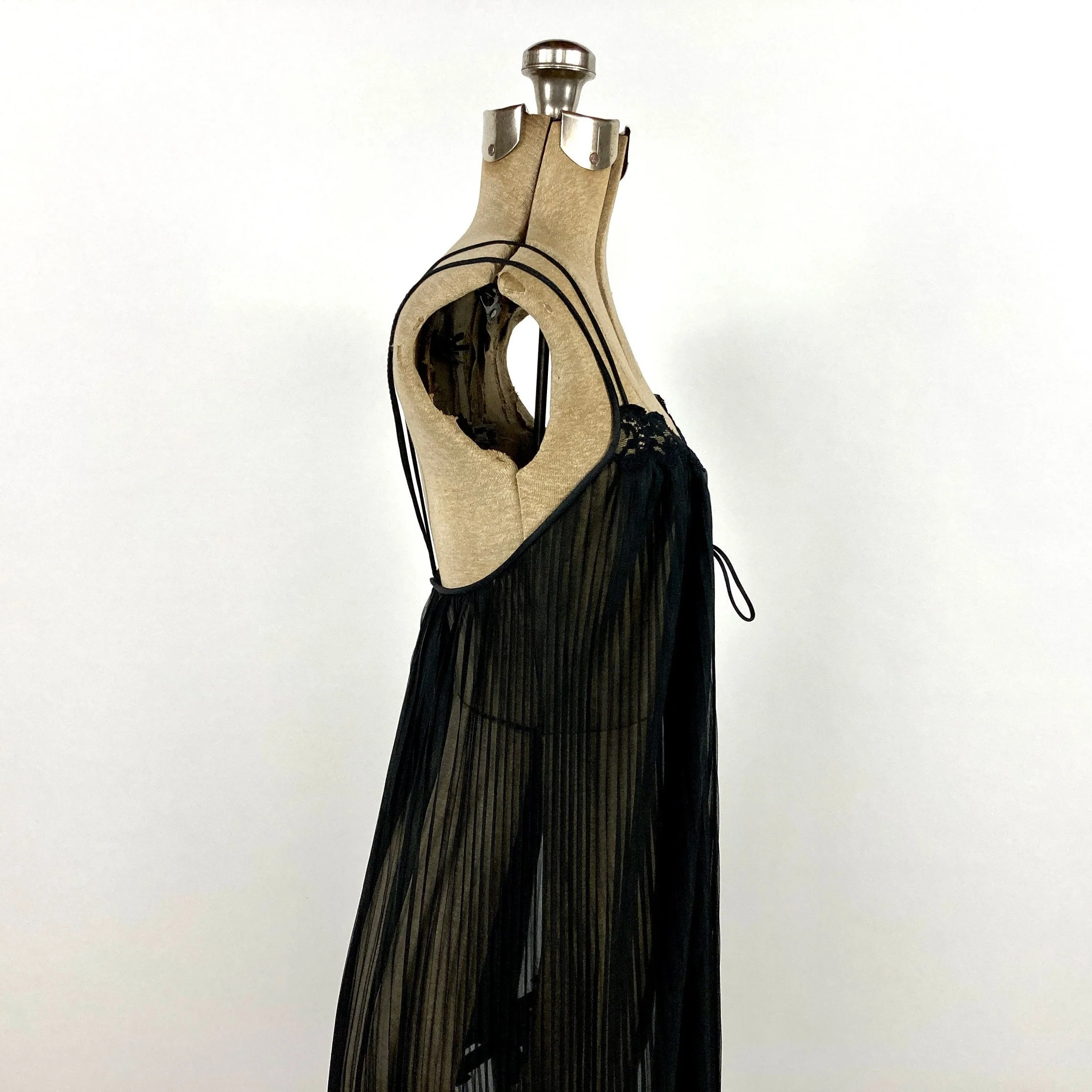 70s Black Sheer Long Grecian Dress V-Neck Goddess Knife Pleat Ethereal Maxi Dress Open Back Party Vintage Slip Dress Negligee Nightgown by Kayser - Image 6