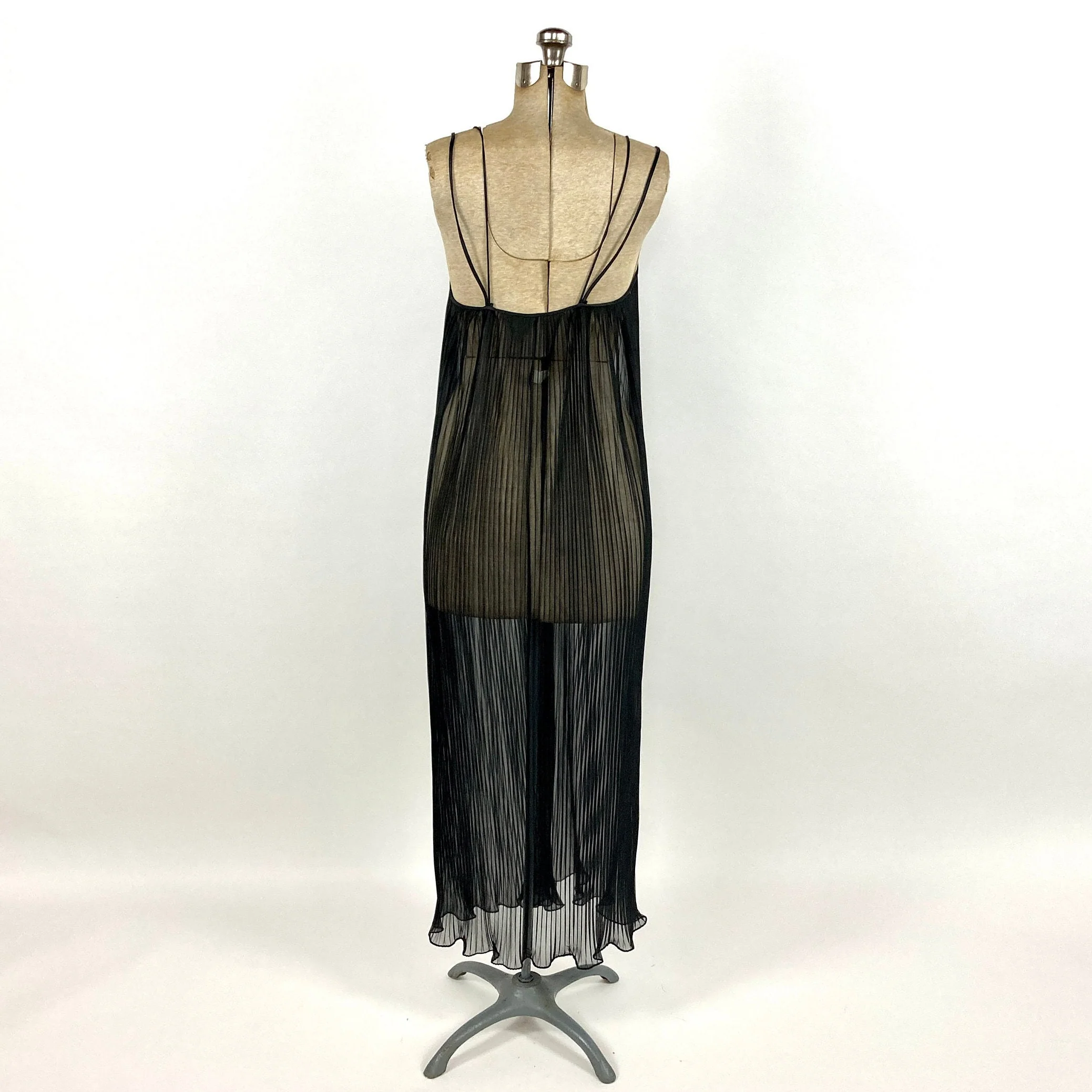 70s Black Sheer Long Grecian Dress V-Neck Goddess Knife Pleat Ethereal Maxi Dress Open Back Party Vintage Slip Dress Negligee Nightgown by Kayser - Image 7