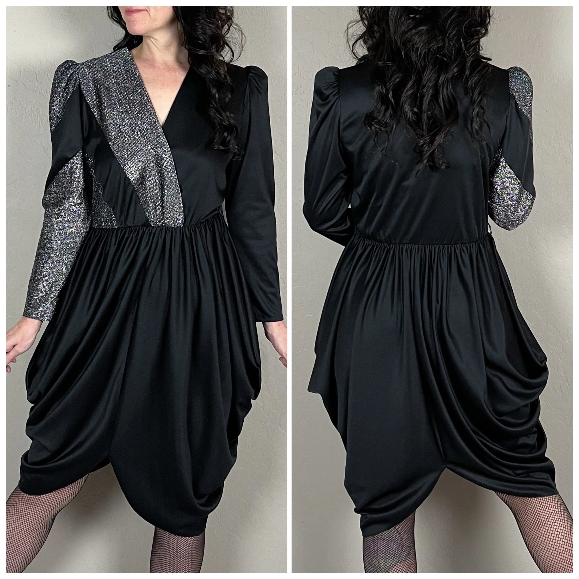 70s Black Silver Lurex Ruched Long Sleeve Disco Dress By Glenrob - Image 4