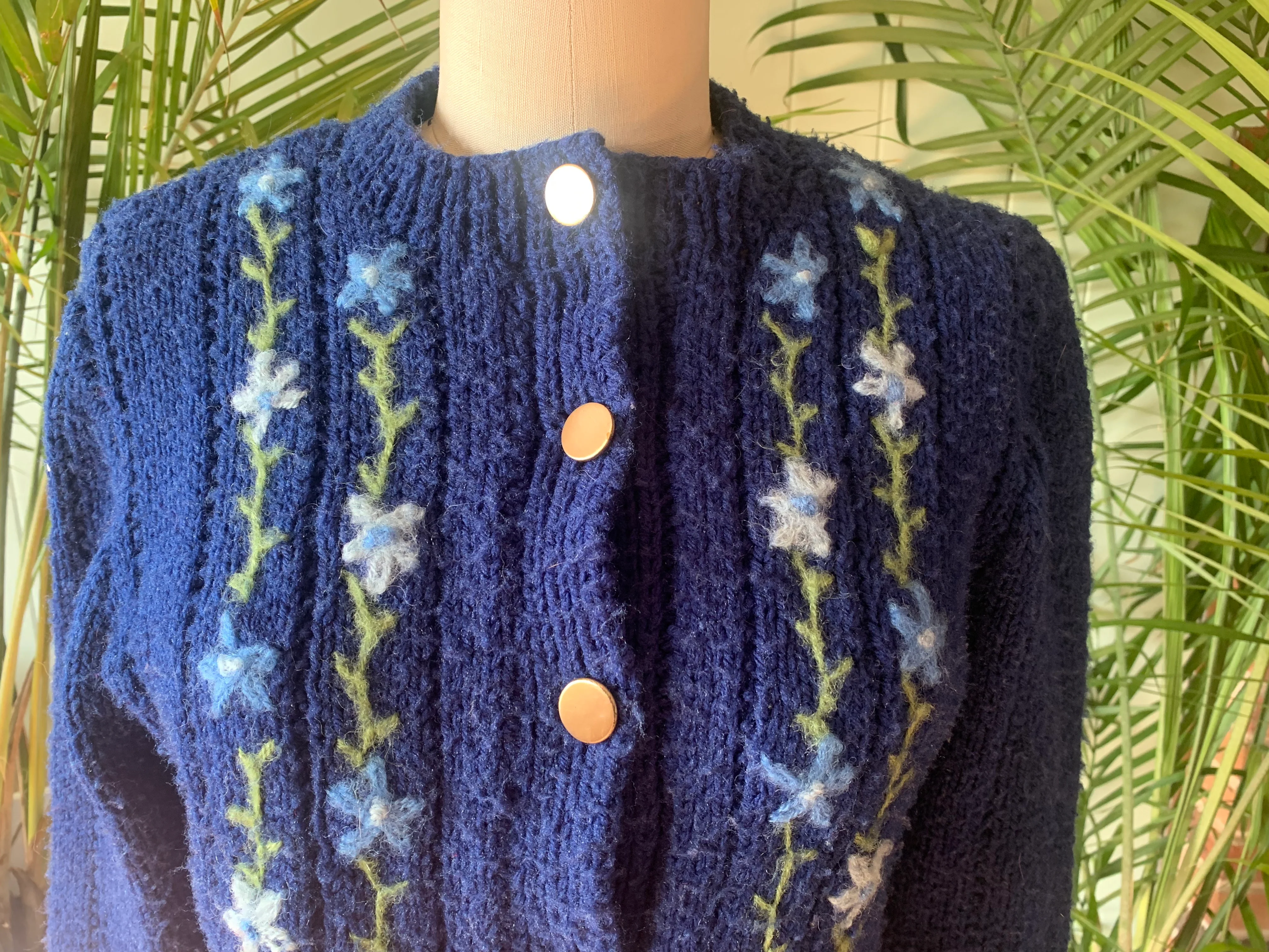 70s Blue Acrylic With Wool Floral Embroidery By Hand Knit - Image 3