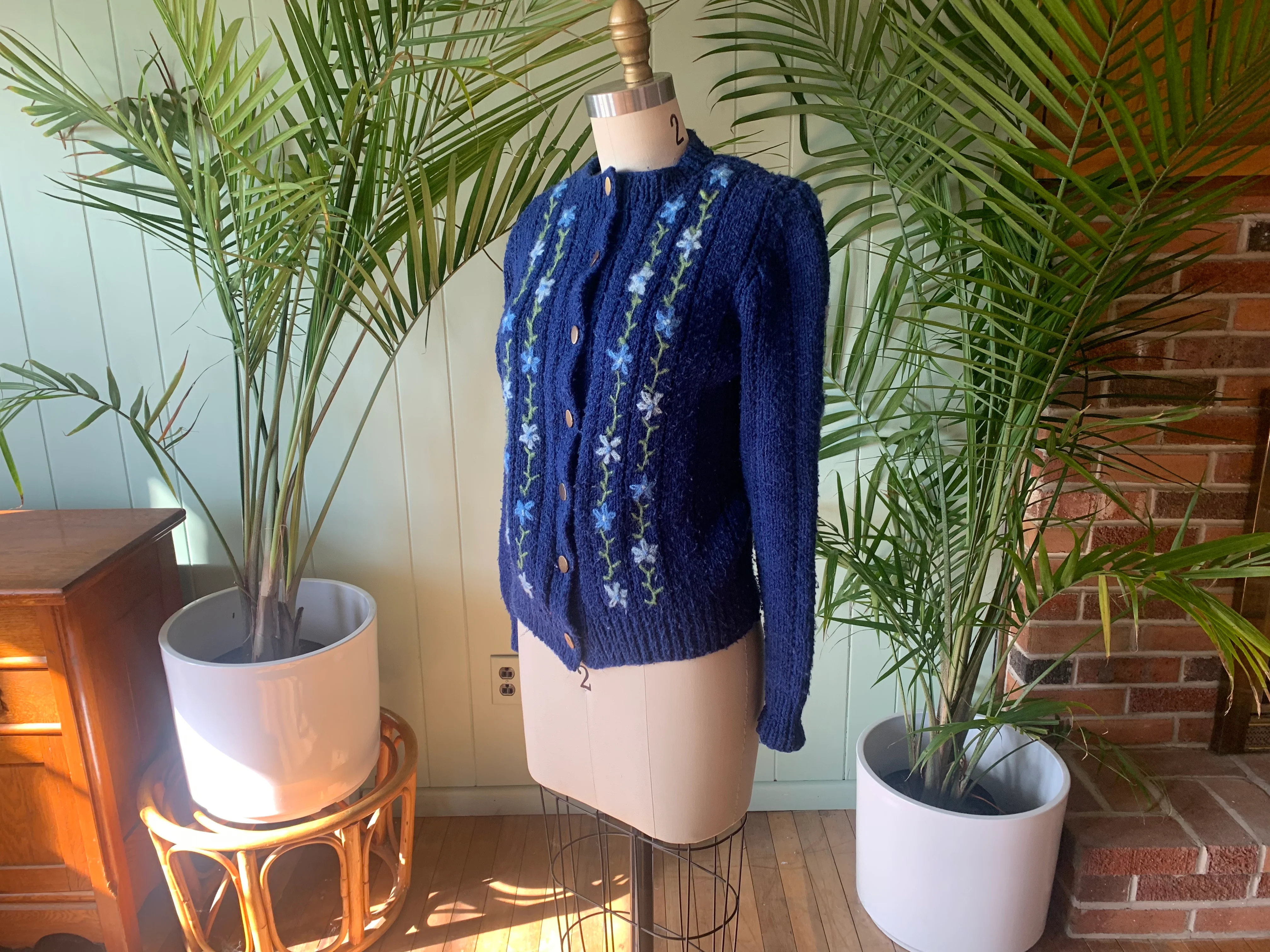 70s Blue Acrylic With Wool Floral Embroidery By Hand Knit - Image 4