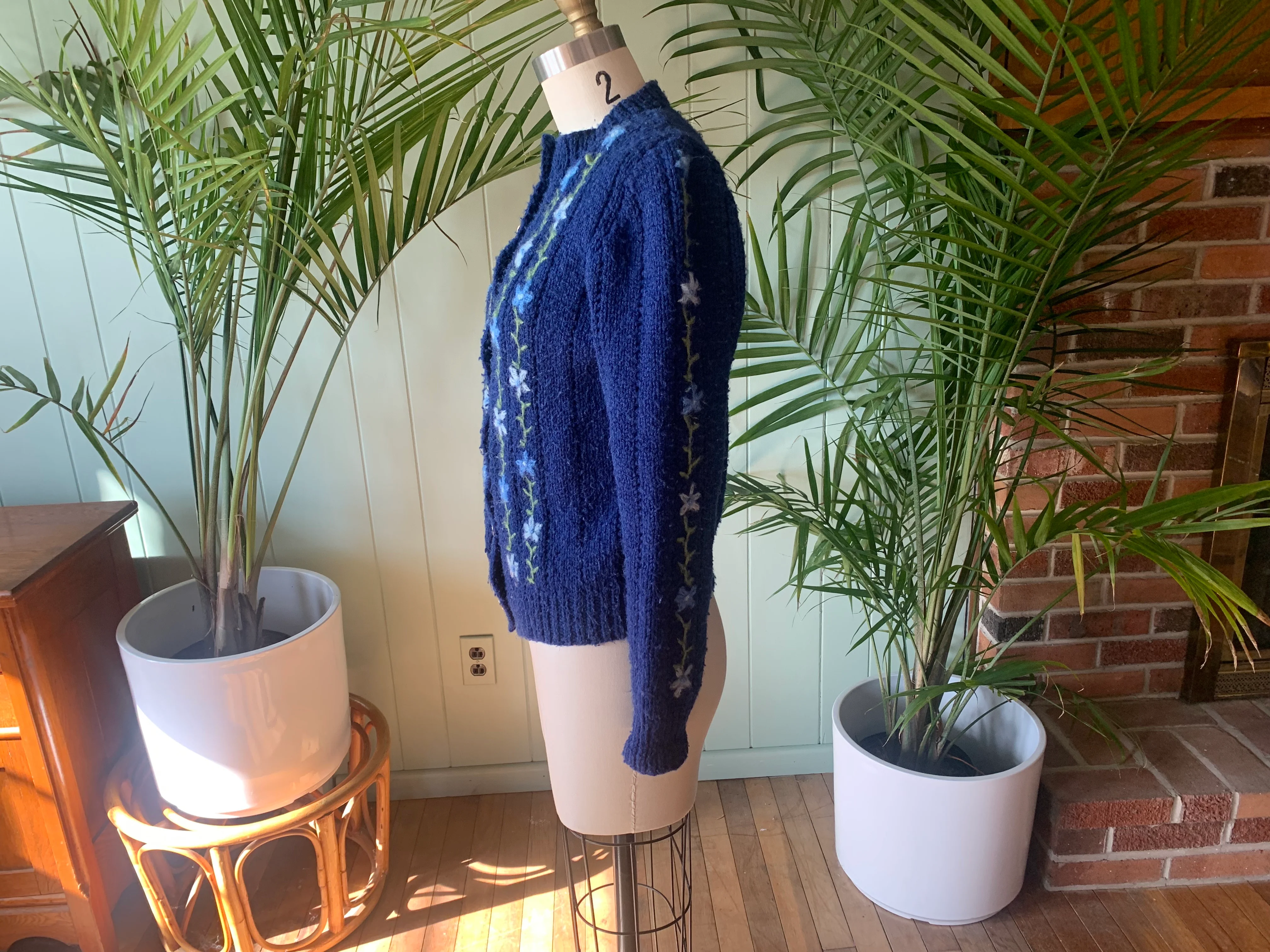 70s Blue Acrylic With Wool Floral Embroidery By Hand Knit - Image 5