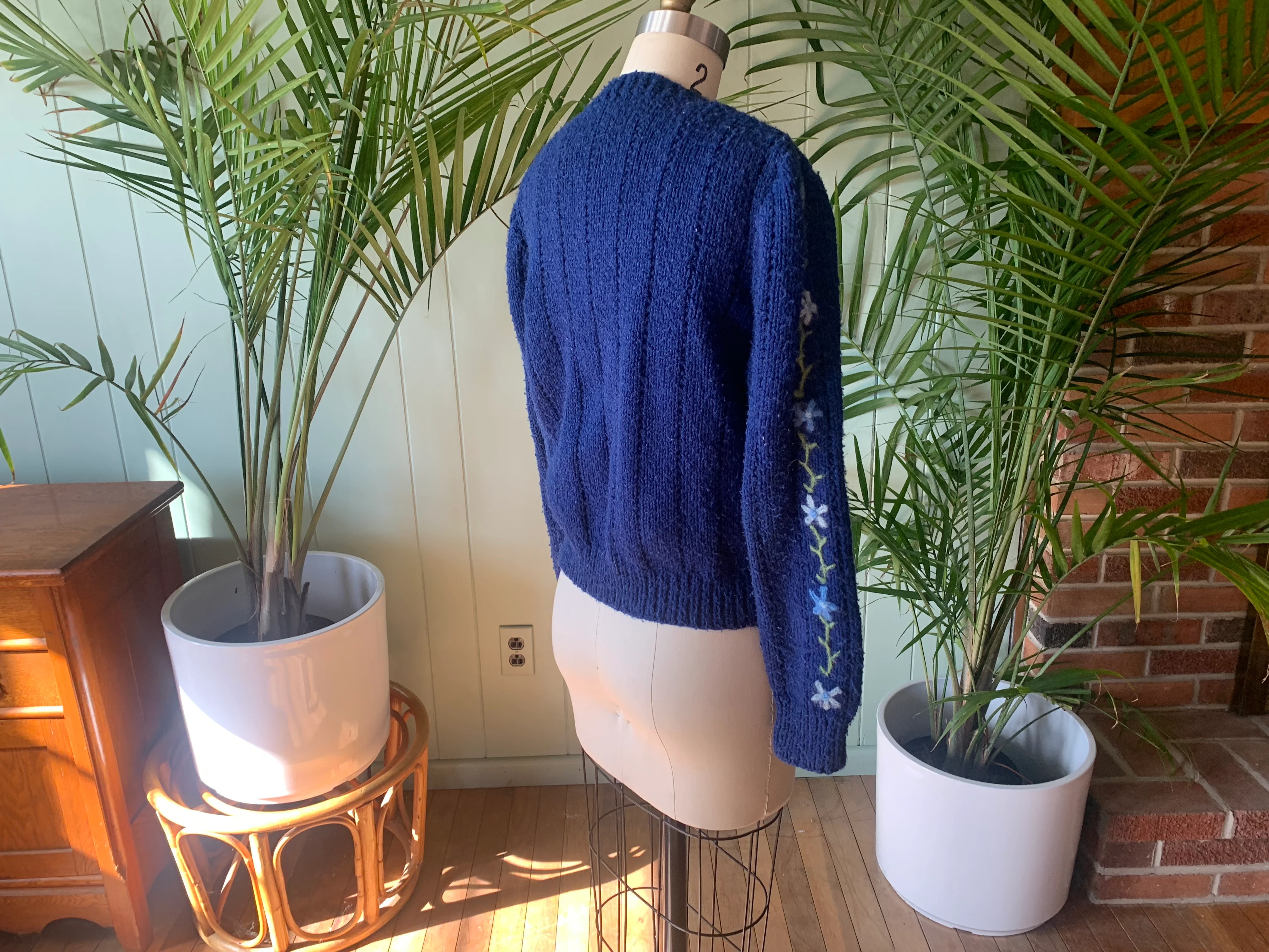 70s Blue Acrylic With Wool Floral Embroidery By Hand Knit - Image 7