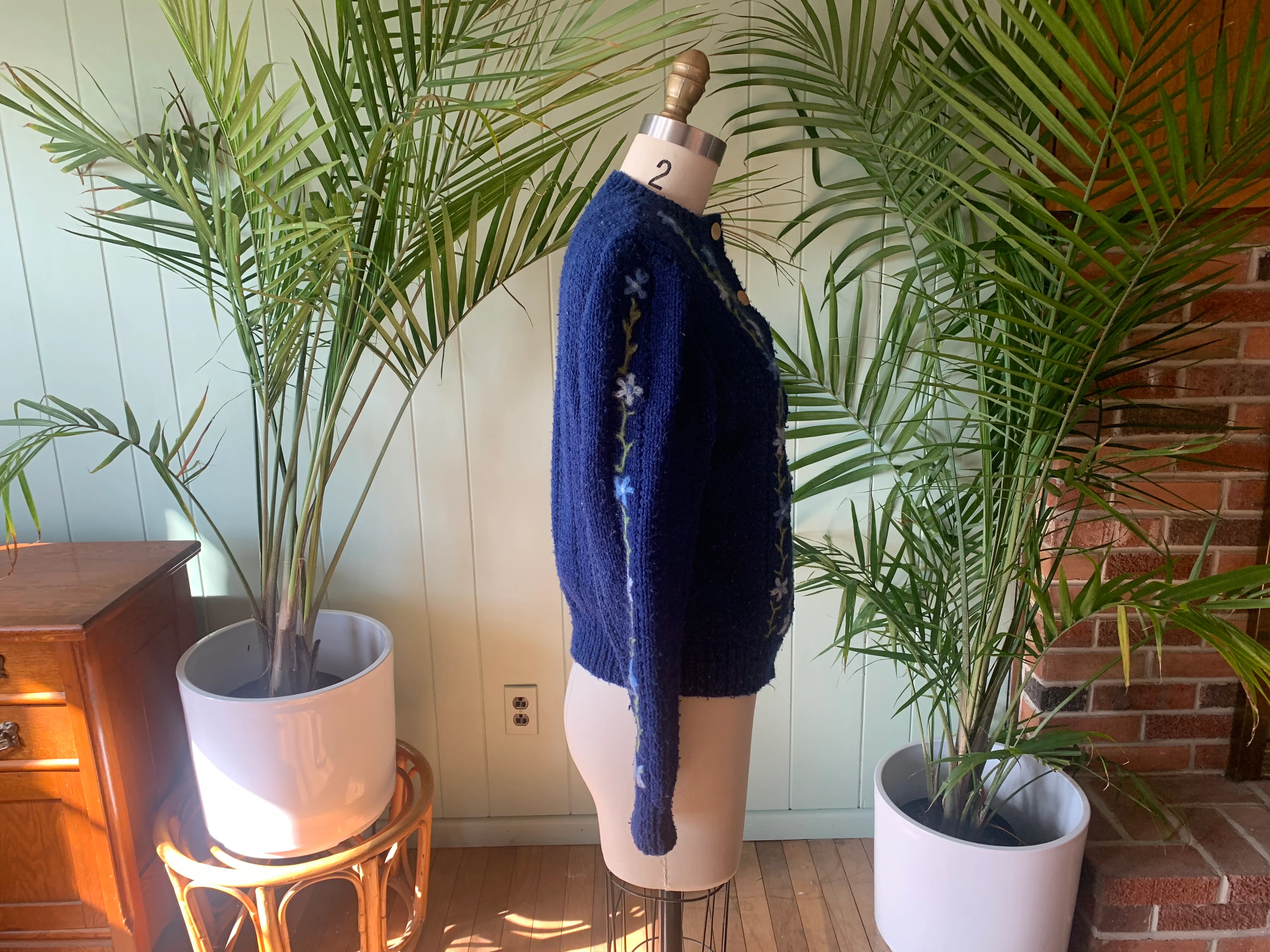 70s Blue Acrylic With Wool Floral Embroidery By Hand Knit - Image 8