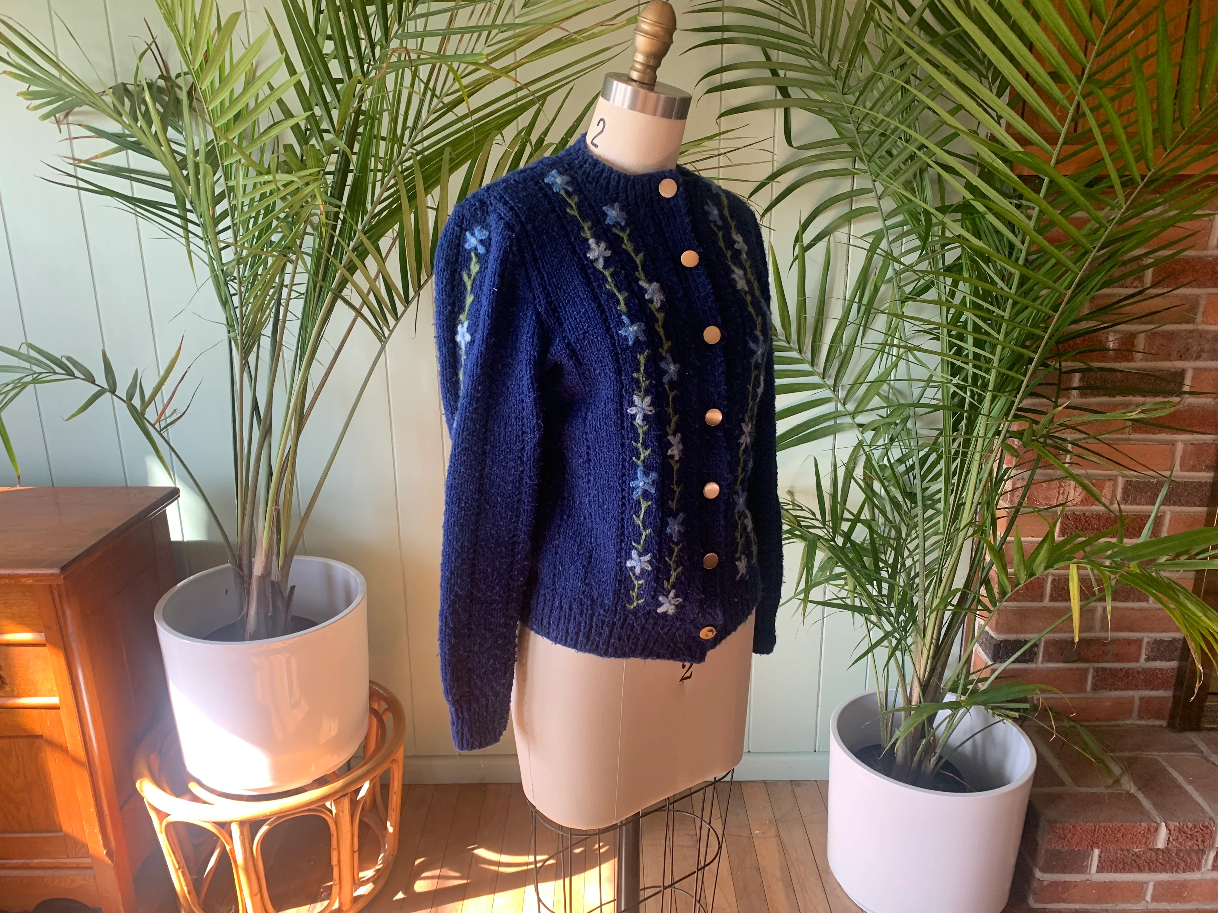70s Blue Acrylic With Wool Floral Embroidery By Hand Knit - Image 9