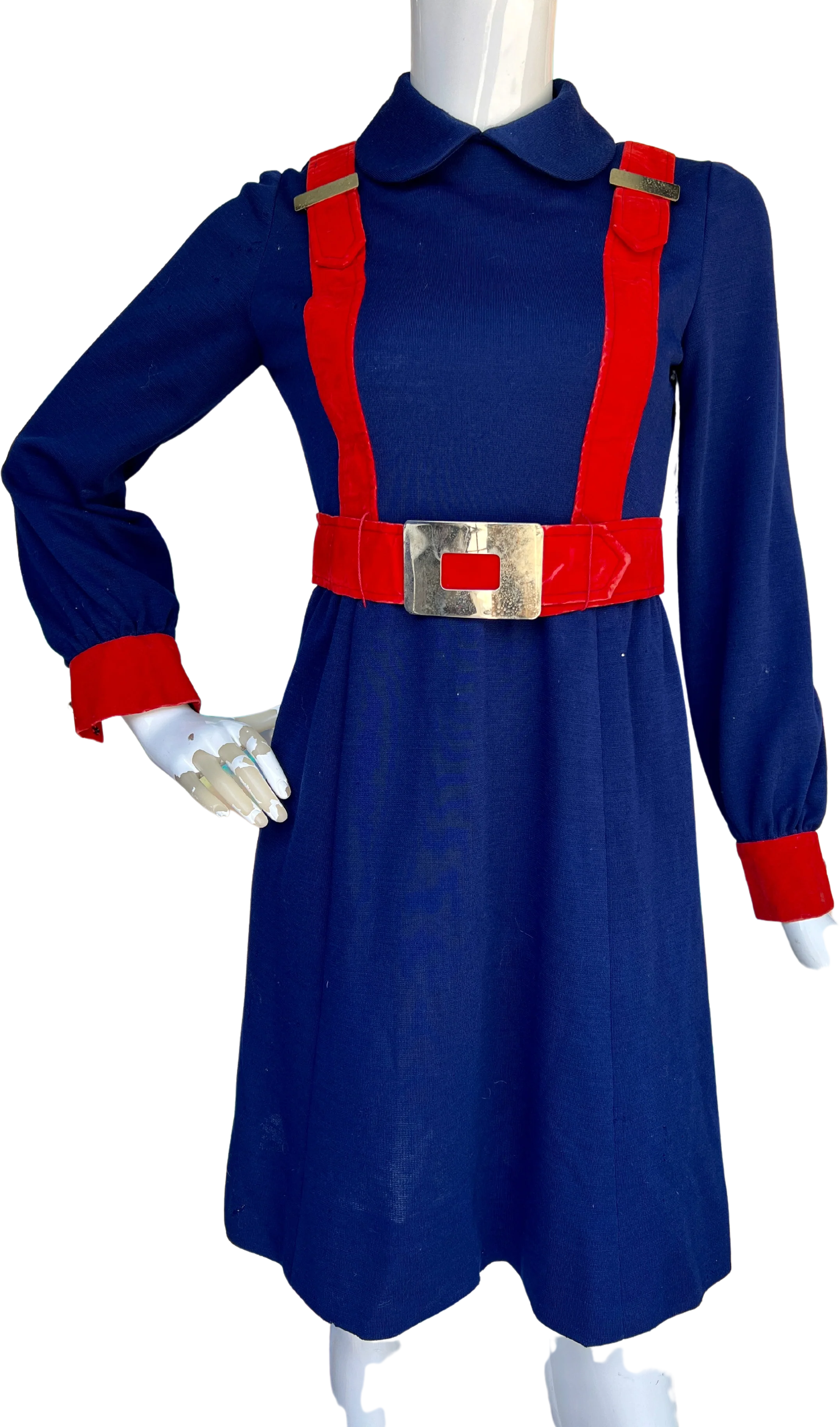 70s Blue and Red Faux Jumper Strap Buckled Dress by Jeremy by Alan Philips