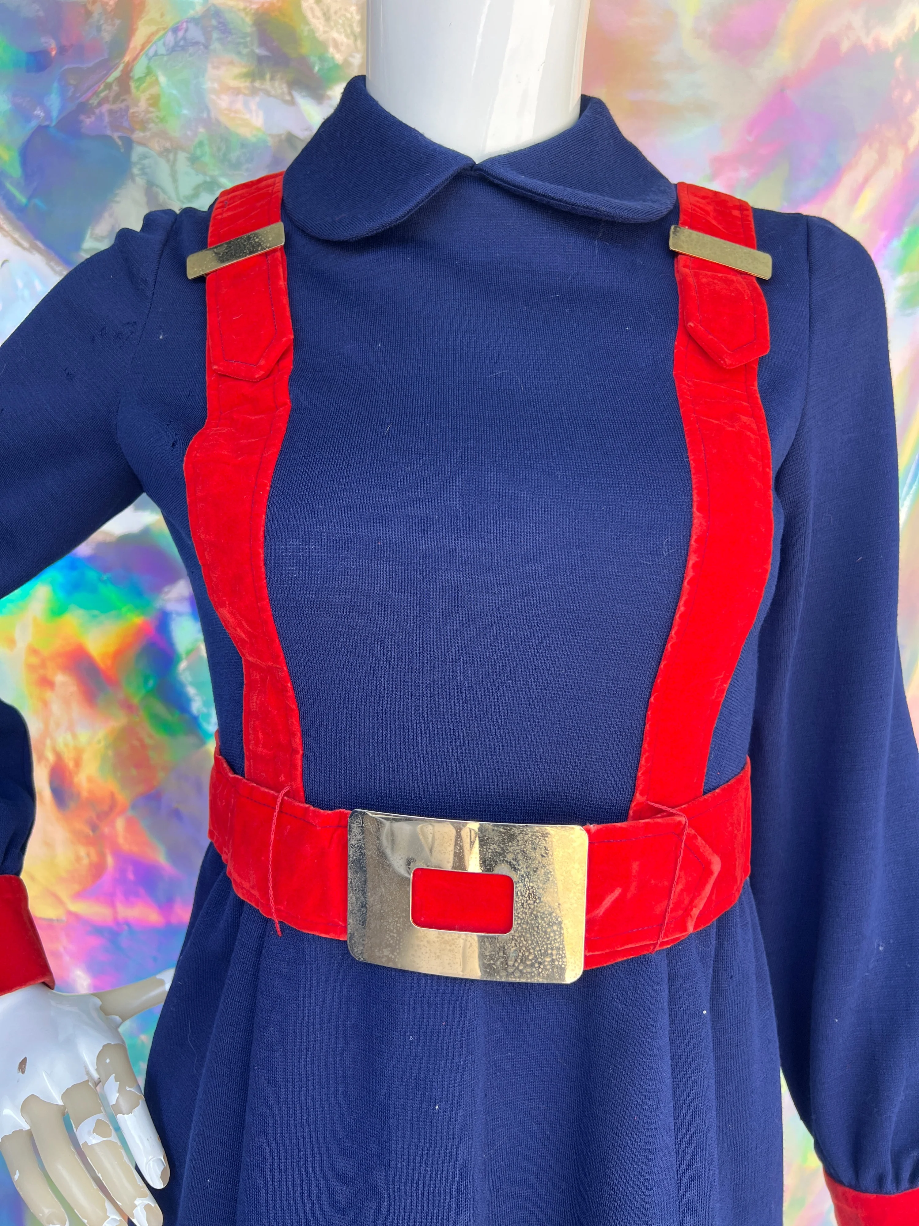 70s Blue and Red Faux Jumper Strap Buckled Dress by Jeremy by Alan Philips - Image 11