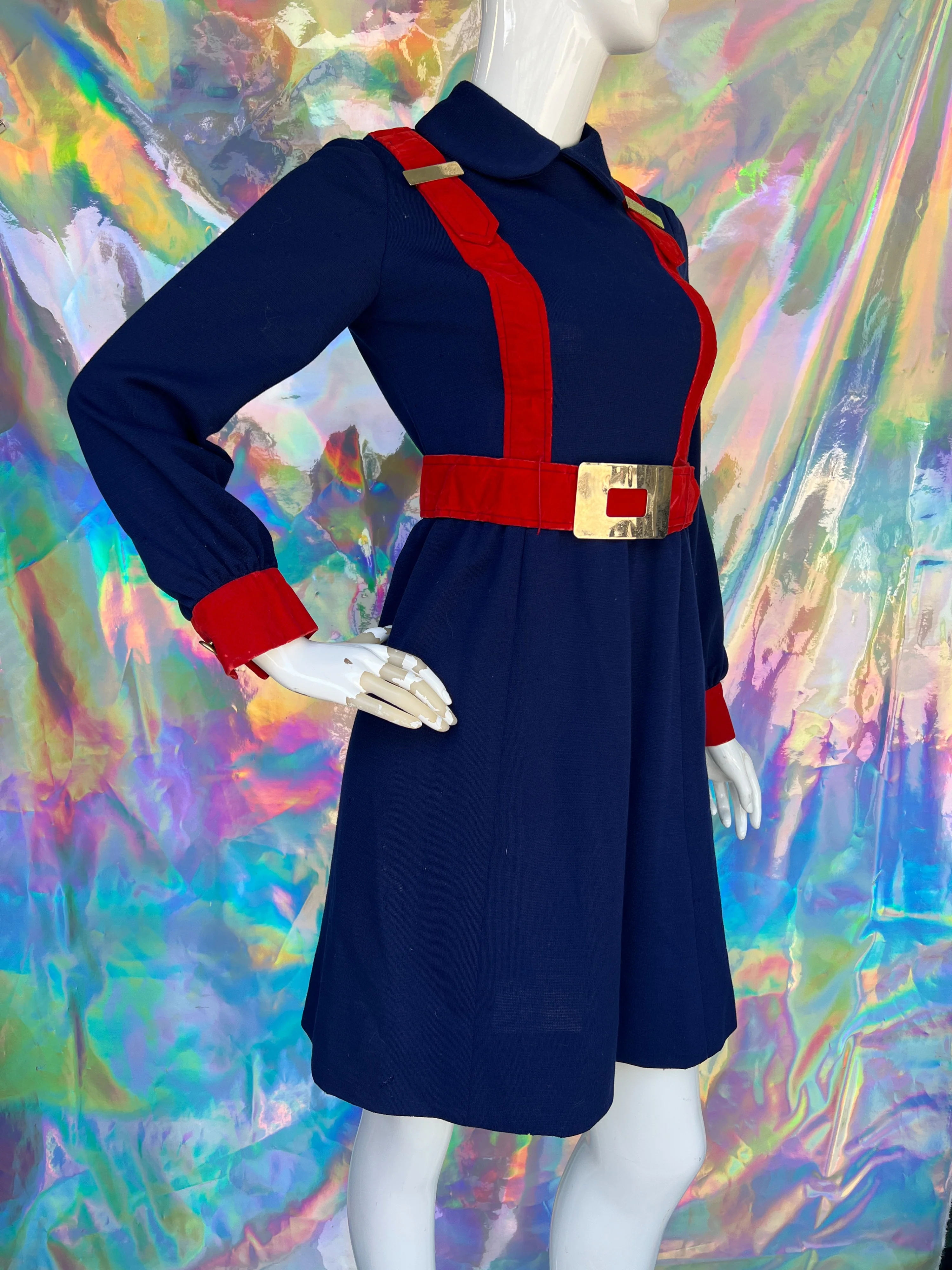 70s Blue and Red Faux Jumper Strap Buckled Dress by Jeremy by Alan Philips - Image 5