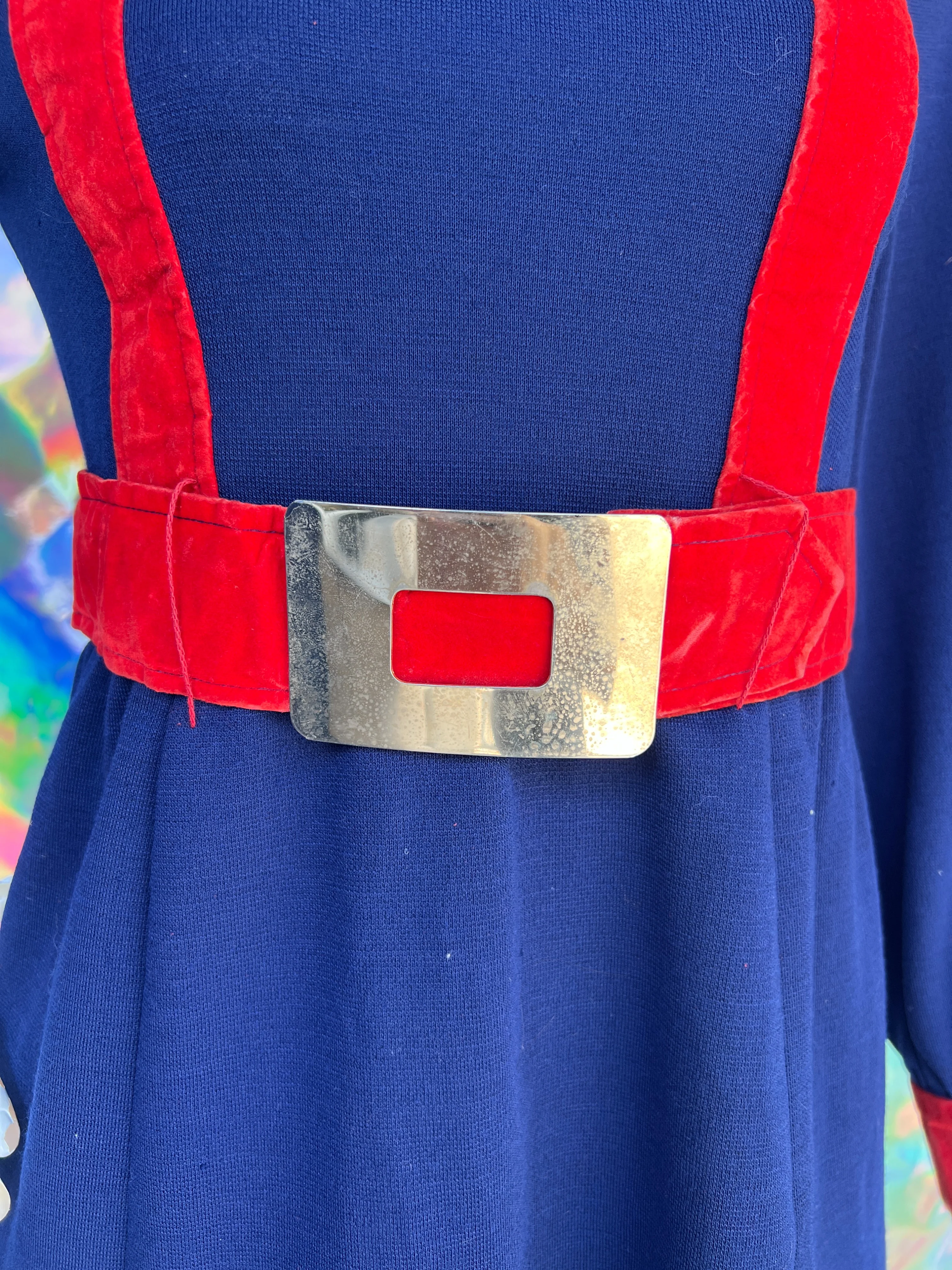 70s Blue and Red Faux Jumper Strap Buckled Dress by Jeremy by Alan Philips - Image 6