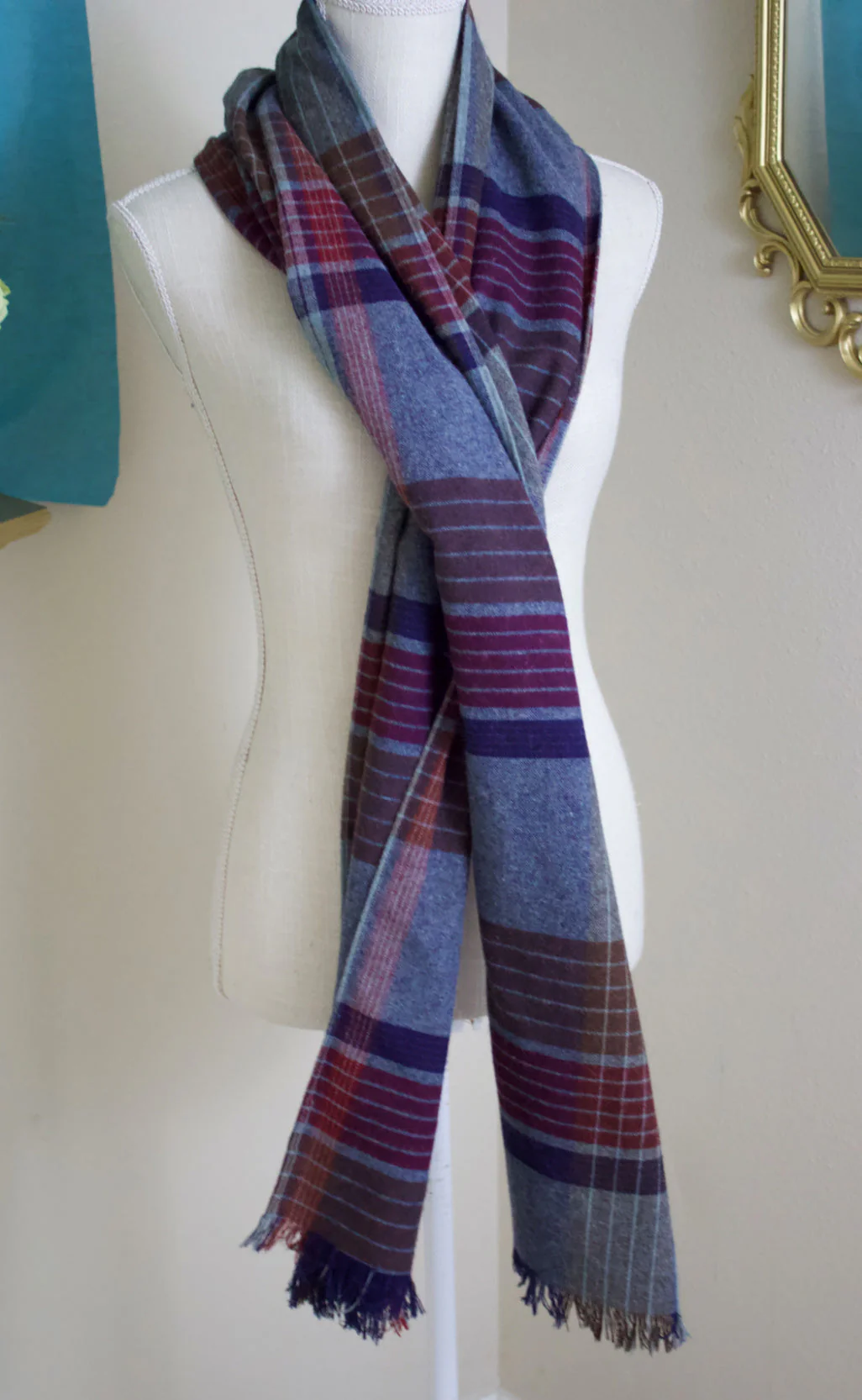 70s Blue and Red Plaid Flannel Wool Scarf with Fringe - Image 2