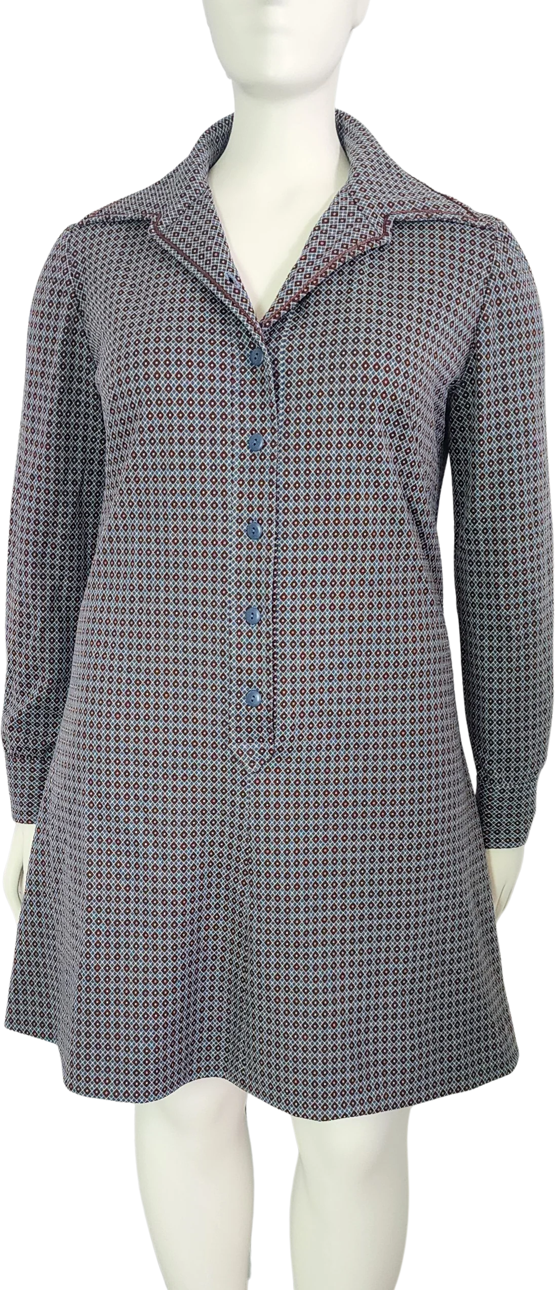 70s Blue Brown Mini Dress Button Long Sleeves