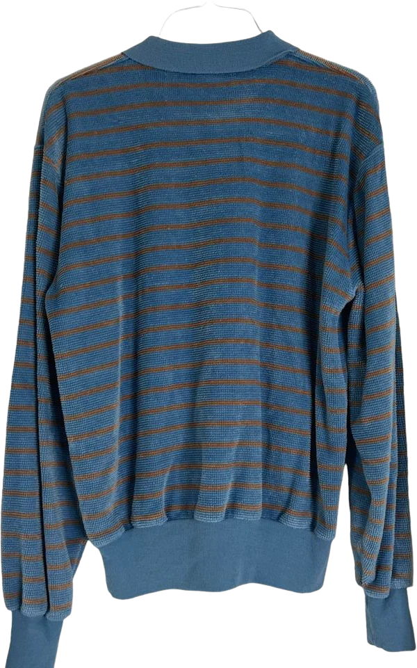 70s Blue Brown Striped Velour Polo Shirt L By Kings Road - Image 2