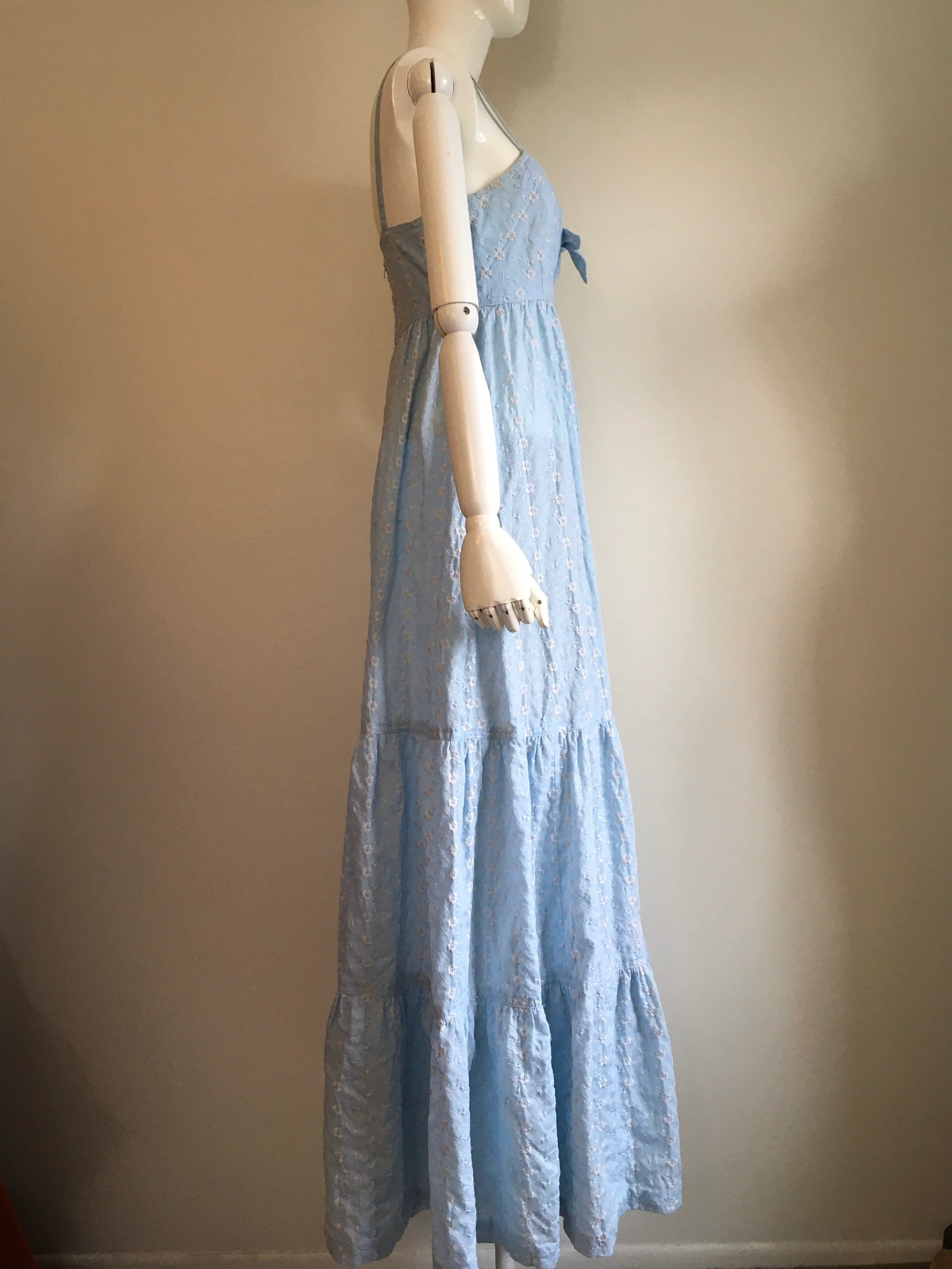 70's Blue Embroidered Babydoll Maxi Summer Dress - Image 3