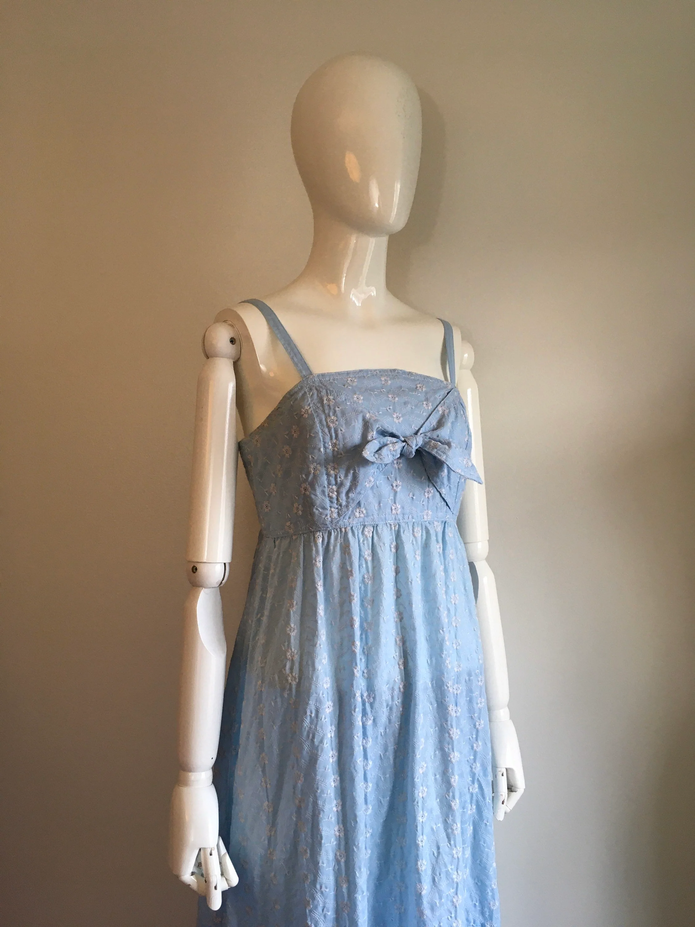 70's Blue Embroidered Babydoll Maxi Summer Dress - Image 4