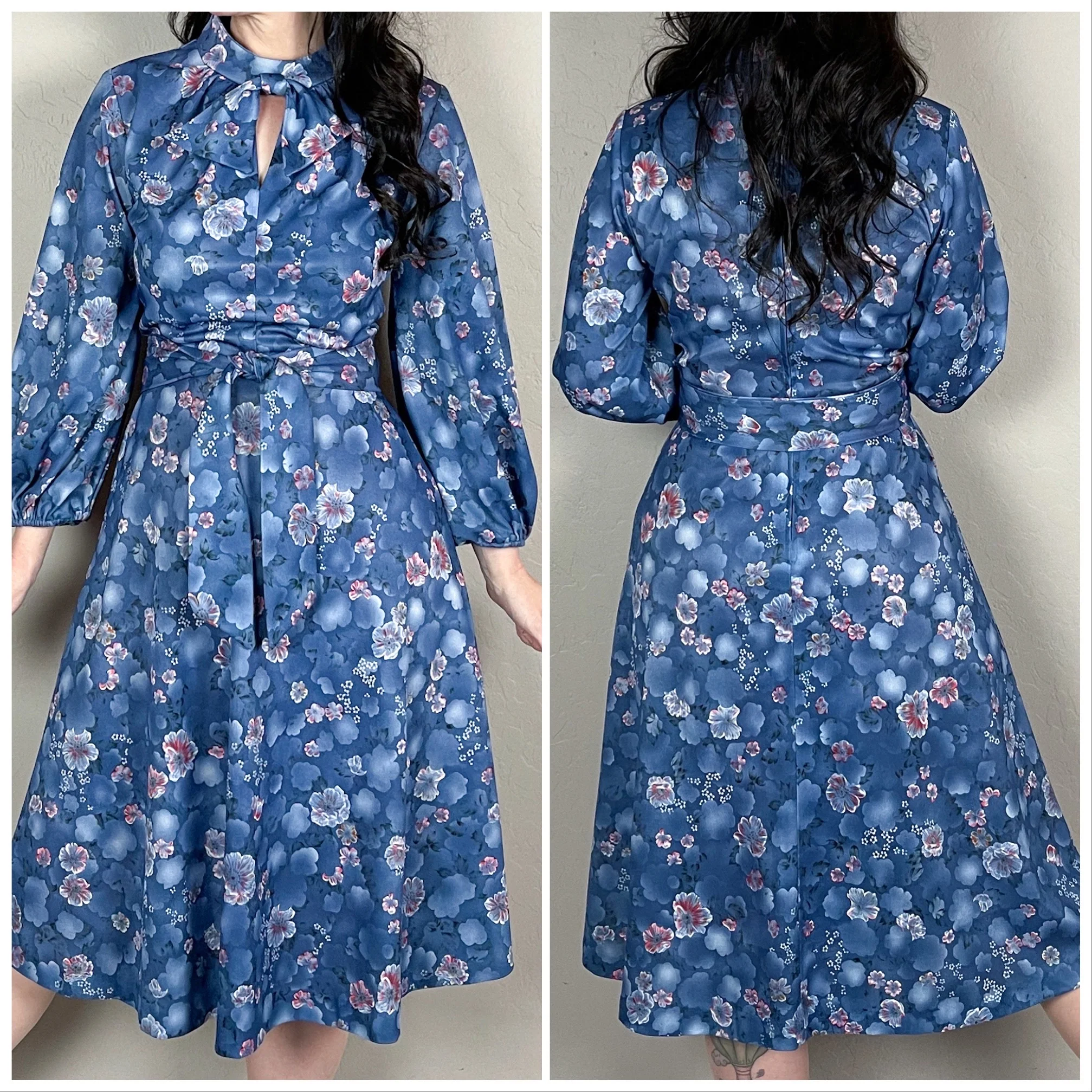 70s Blue Floral Balloon Sleeve Dress - Image 4