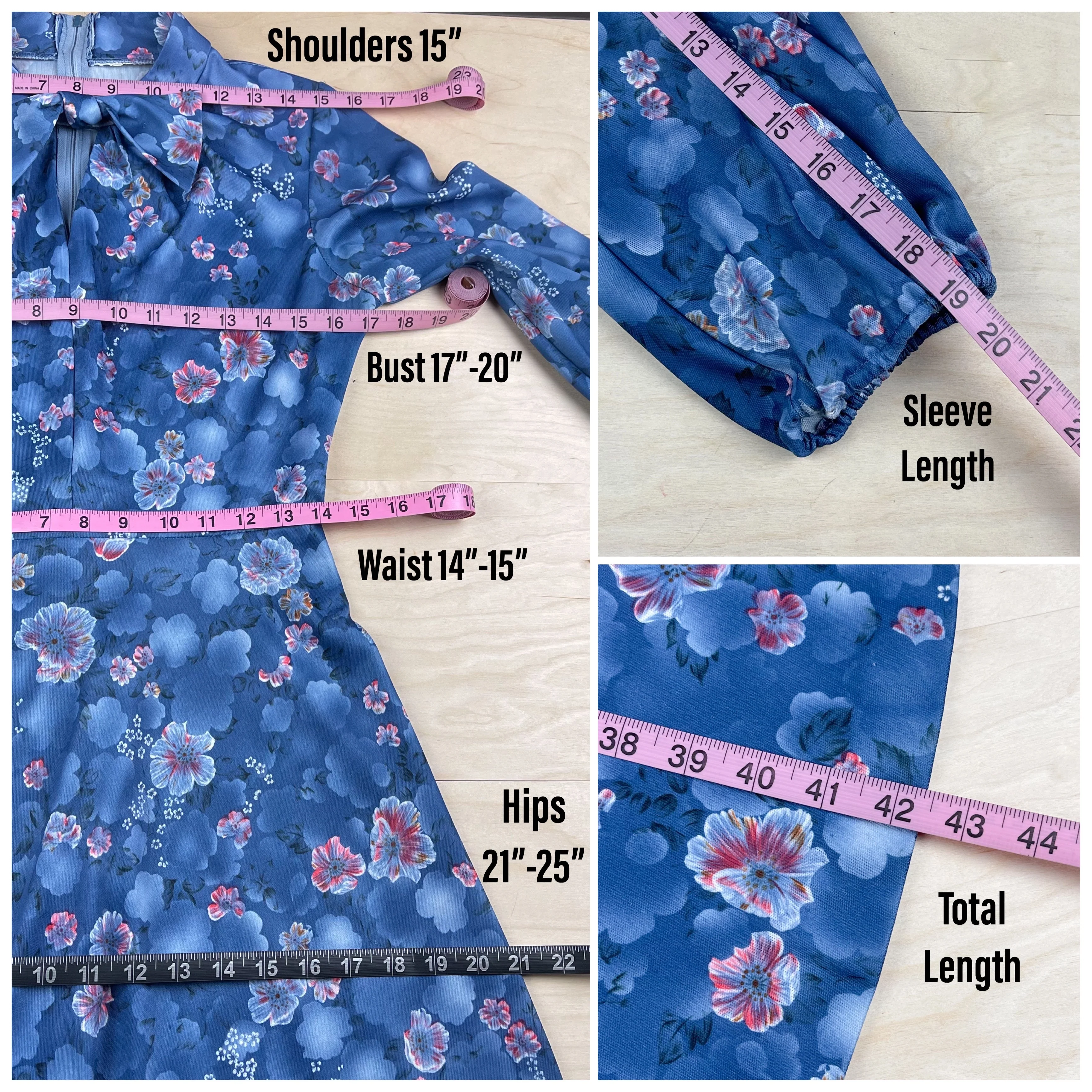 70s Blue Floral Balloon Sleeve Dress - Image 7