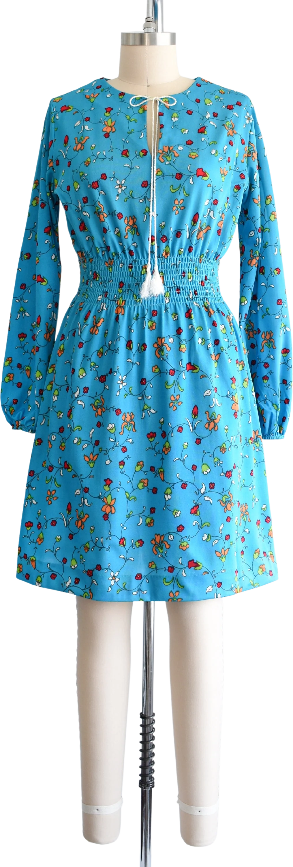 70s Blue Floral Dress Vintage 70s Dress Mod Flower Print Smocked Waist Long Sleeve Dress, Medium by The Red Eye