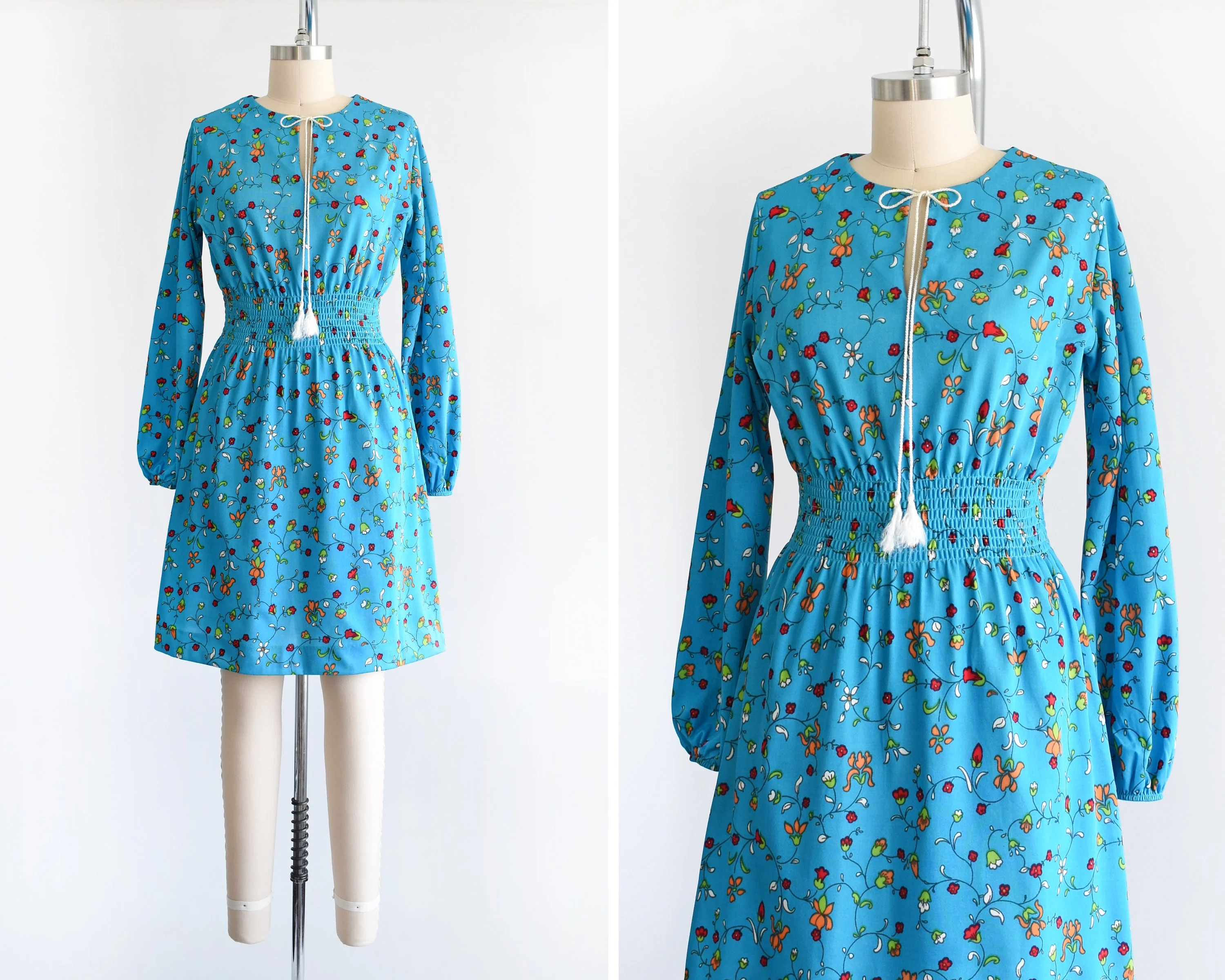 70s Blue Floral Dress Vintage 70s Dress Mod Flower Print Smocked Waist Long Sleeve Dress, Medium by The Red Eye - Image 2